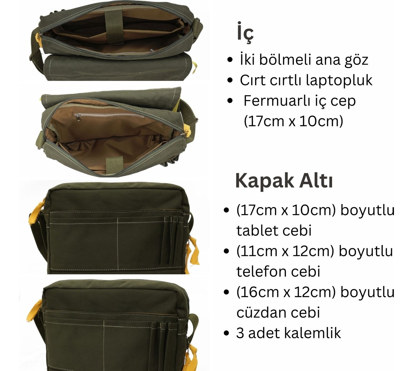 Cappadocia Vintage 4009 Ephesus Salaş Omuz Postacı Yeşil Krem 15.6 Inç Laptop Okul Seyahat Günlük Vintage Pamuk Çanta görsel 8