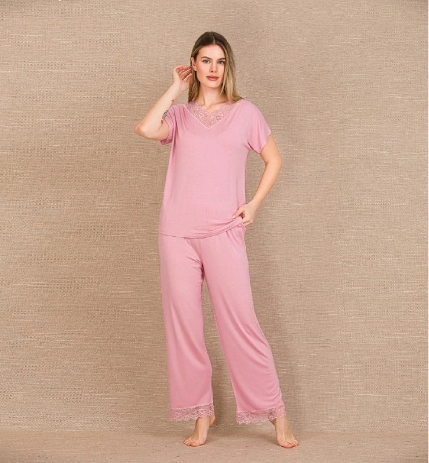 Hace Bazaar Marsilyan™- Viskon Şık Tasarım Dantel Işlemeli Pembe Kısa Kol Pijama Takımı
