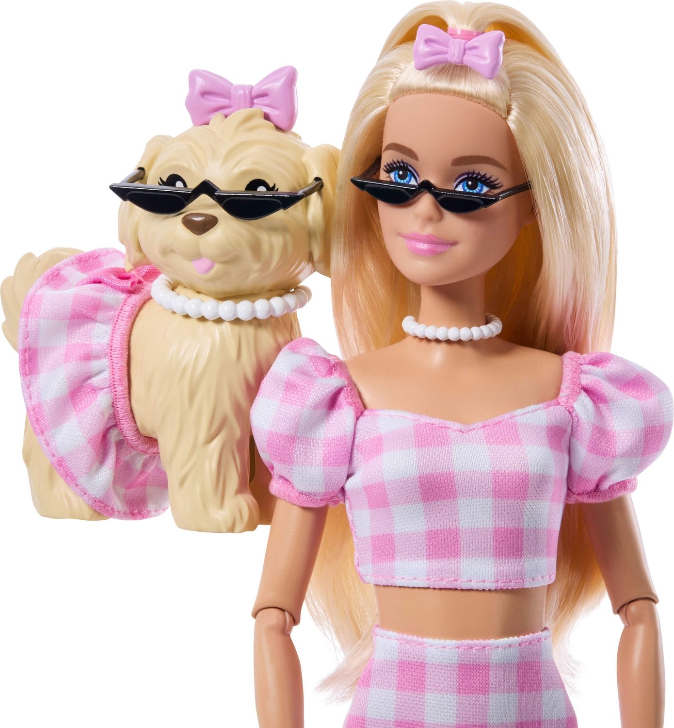 Aesco Barbie Uyumlu Dostlar Sarı Saçlı Bebek ve Köpekçiği, Pötikare Desenli, Pembe Renkli Kıyafetler Giyen ve Güneş Gözlüğü, Kolye ve Fiyonk Gibi Aksesuarlar Takan, JFP36 görsel 3