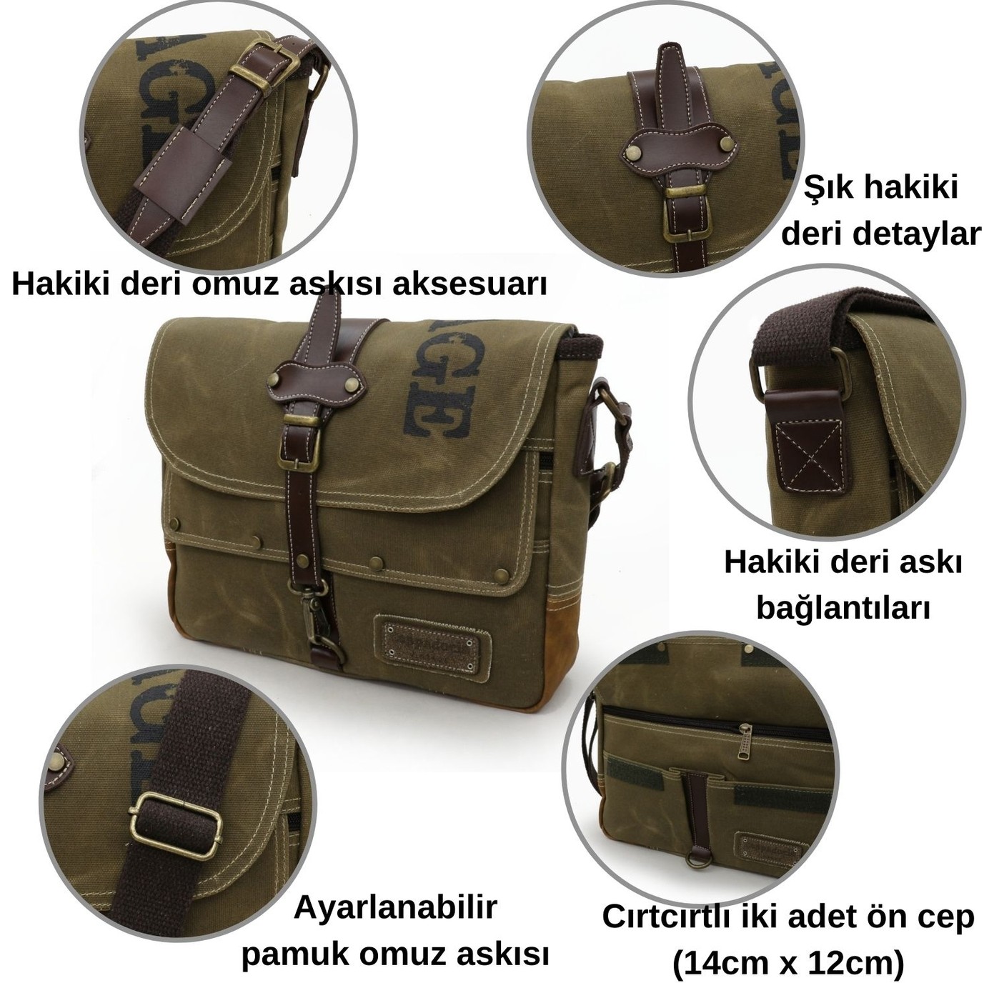 Cappadocia Vintage 4047 Antiochia Hakiki Deri Siyah Kahve Omuz Postacı Okul Suya Dayanıklı Mumlu Kanvas Laptop Çantası görsel 3