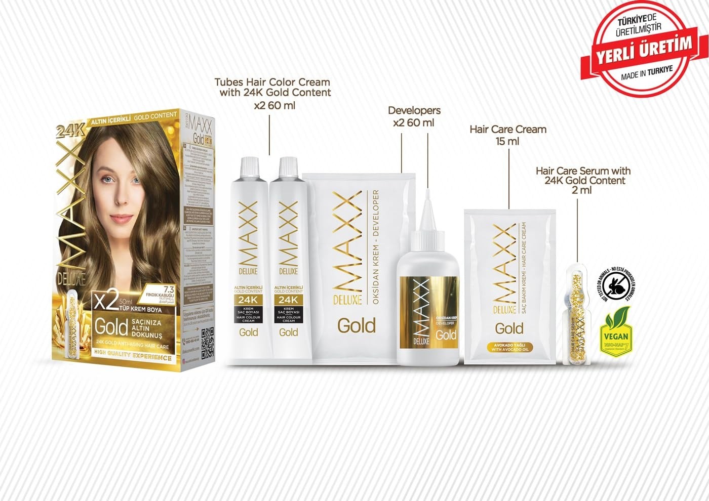 Aesco Maxx Deluxe Gold Serisi 24K Altın Parçacıklı Serum ile 1 Kutu 2 x 50 ml ve Geliştiriciler Saç Boyası (Fındık Kabuğu 7.3) görsel 2