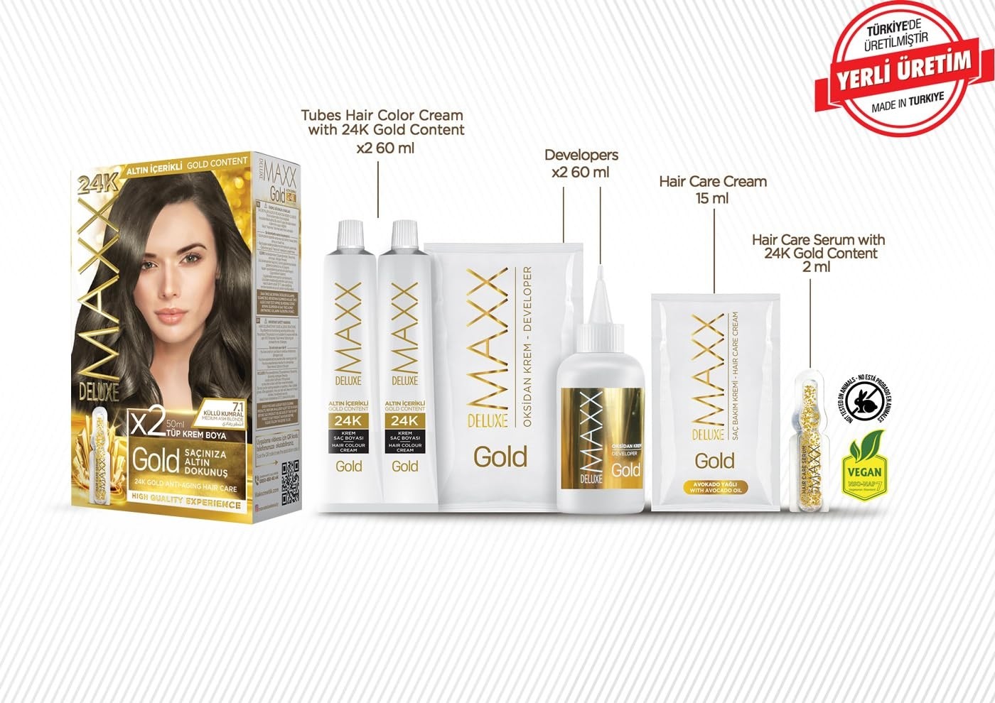 Aesco Maxx Deluxe Gold Serisi 24K Altın Parçacıklı Serum ile 1 Kutu 2 x 50 ml ve Geliştiriciler Saç Boyası (Küllü Kumral 7.1) görsel 2