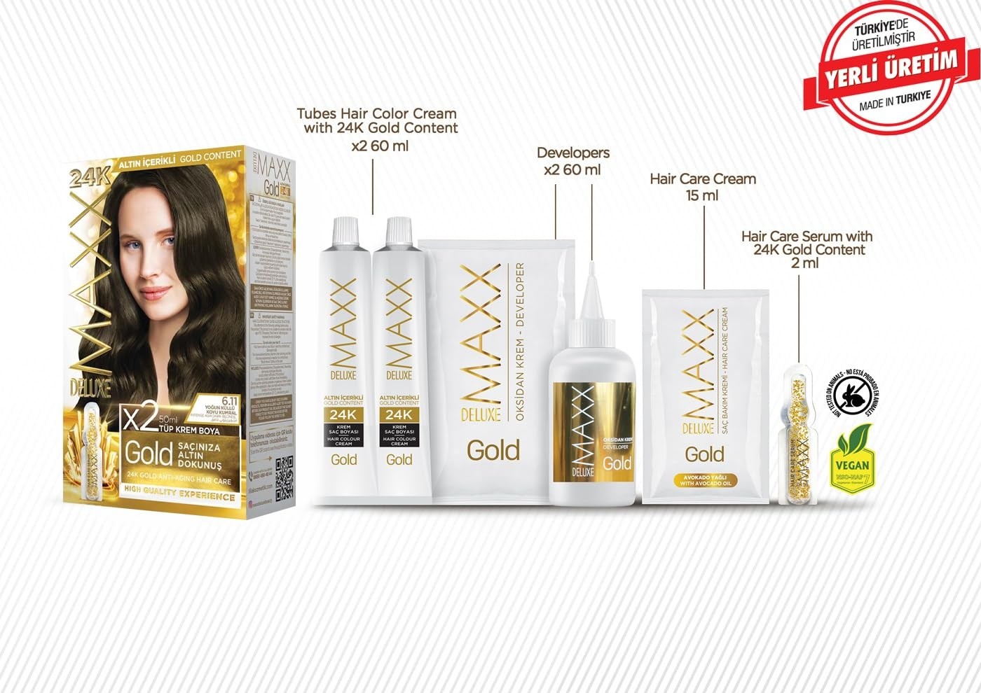 Aesco Maxx Deluxe Gold Serisi 24K Altın Parçacıklı Serum ile 1 Kutu 2 x 50 ml ve Geliştiriciler Saç Boyası (Yoğun Küllü Koyu Kumral 6.11) görsel 2