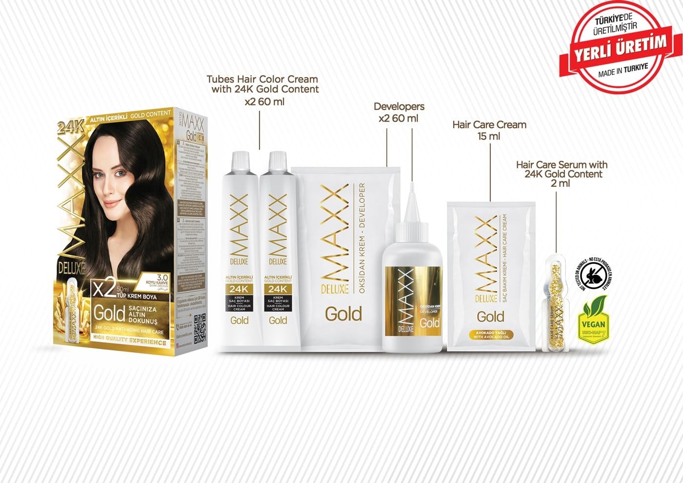 Esranın Dünyası Maxx Deluxe Gold Serisi 24K Altın Parçacıklı Serum ile 1 Kutu 2 x 50 ml ve Geliştiriciler Saç Boyası (Koyu Kahve 3.0) görsel 2