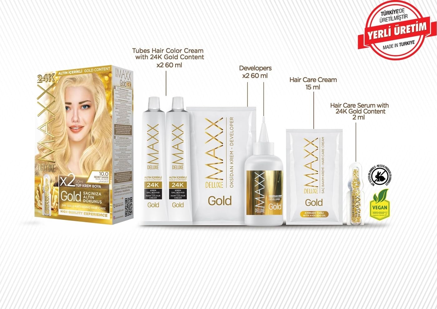 Esranın Dünyası Maxx Deluxe Gold Serisi 24K Altın Parçacıklı Serum ile 1 Kutu 2 x 50 ml ve Geliştiriciler Saç Boyası (Sedef Sarısı 10.0) görsel 2