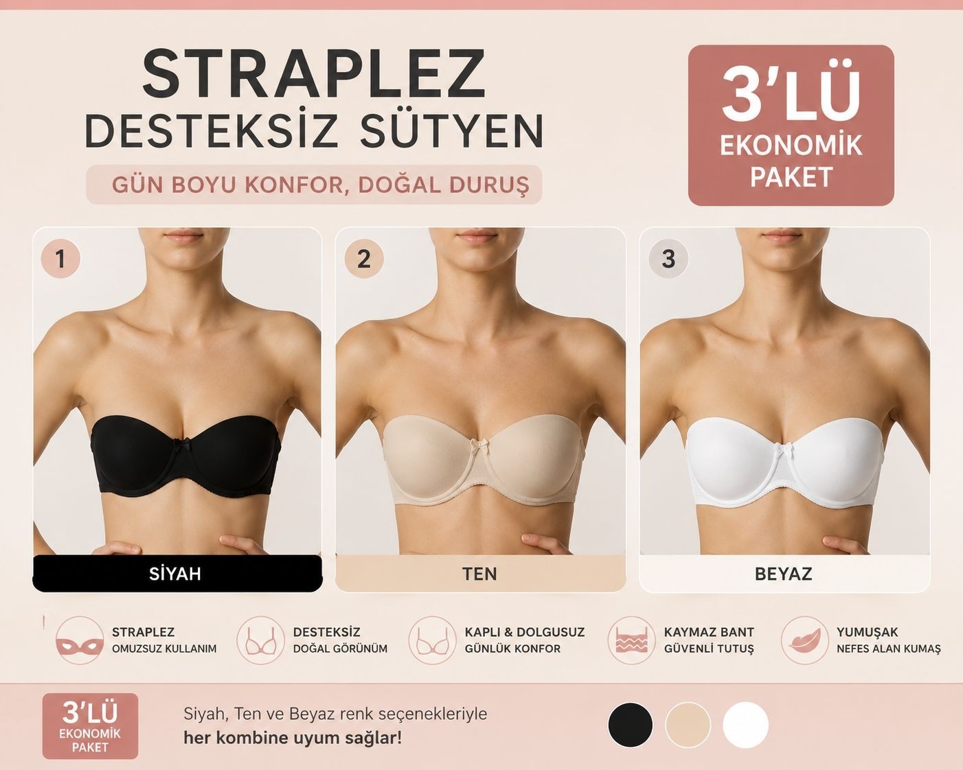 NBB 3510 Mikrofiber Desteksiz Straplez Sütyen görsel 4