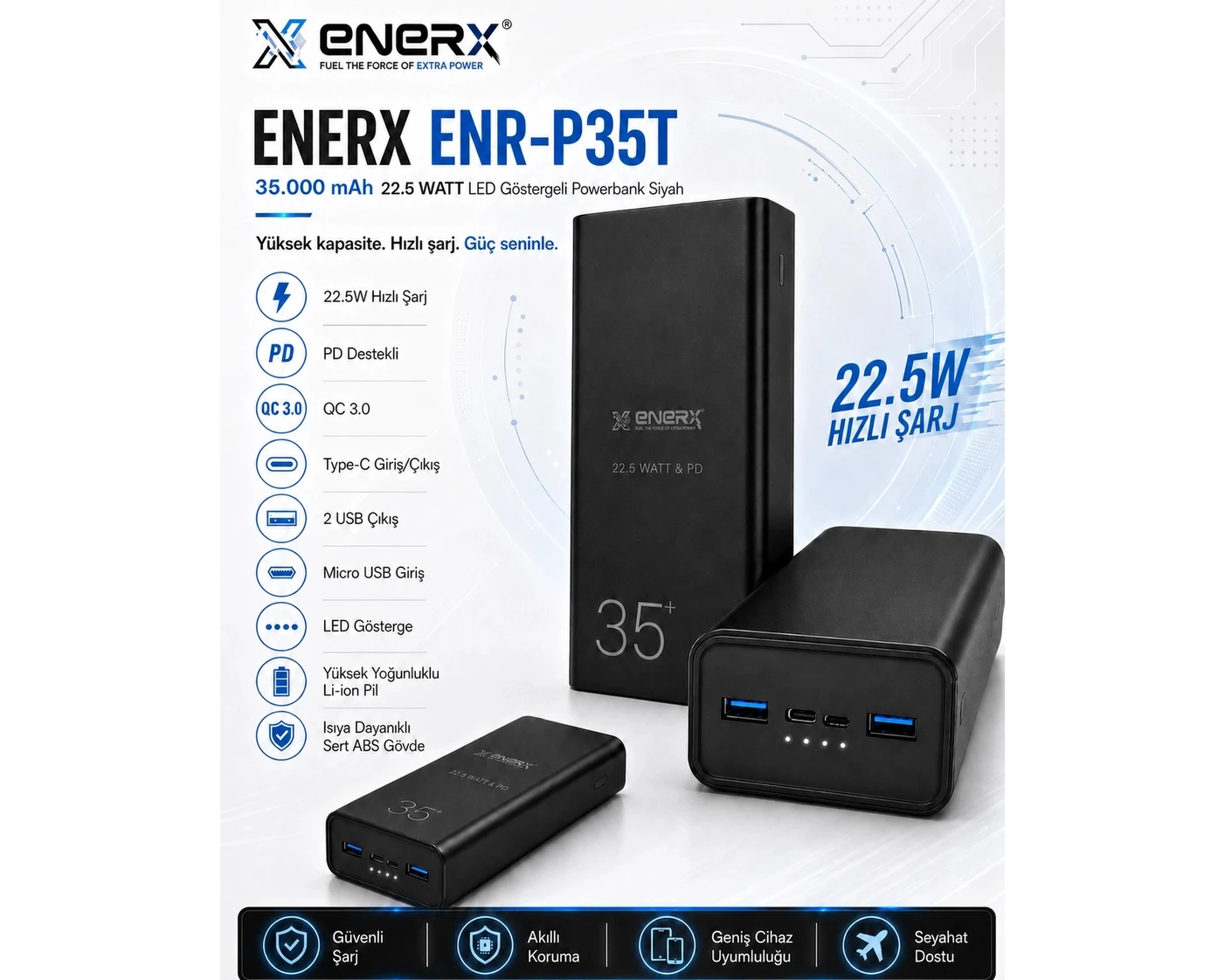 Resim Enerx ENR-P35T 35.000 Mah 22.5 Watt LED Göstergeli Powerbank Siyah 