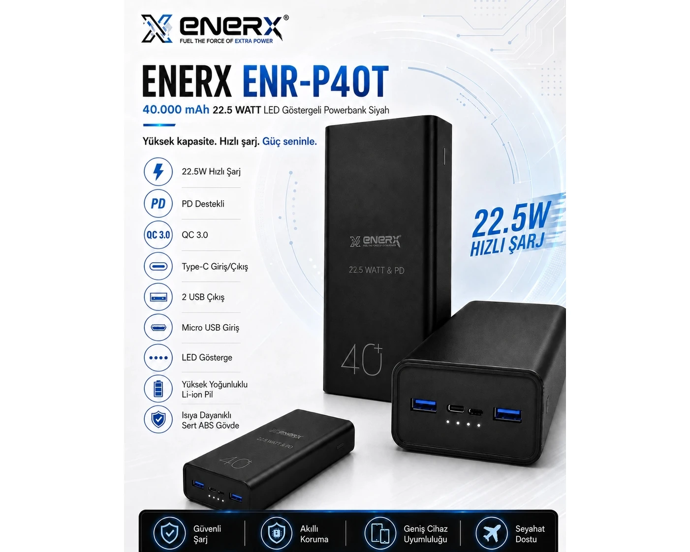 Resim Enerx ENR-P40T 40.000 Mah 22.5 Watt LED Göstergeli Powerbank Siyah 