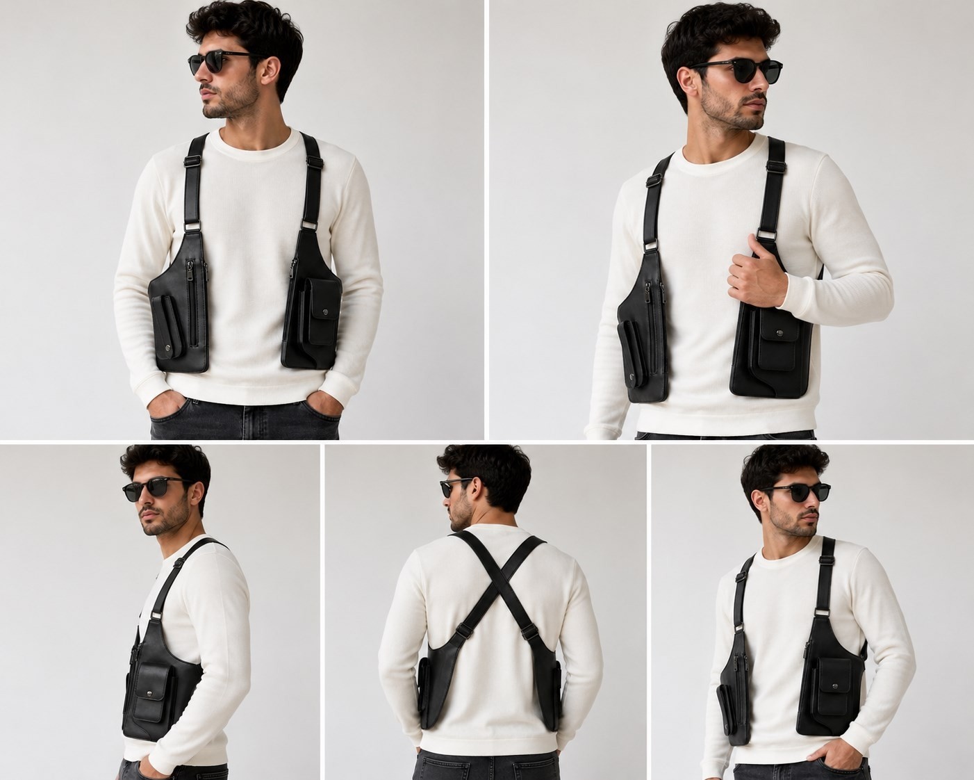 Newish Polo Erkek Siyah Vegan Deri Çapraz Askılı Çok Cepli Harness Göğüs Çantası - NEWPOLO424 görsel 2
