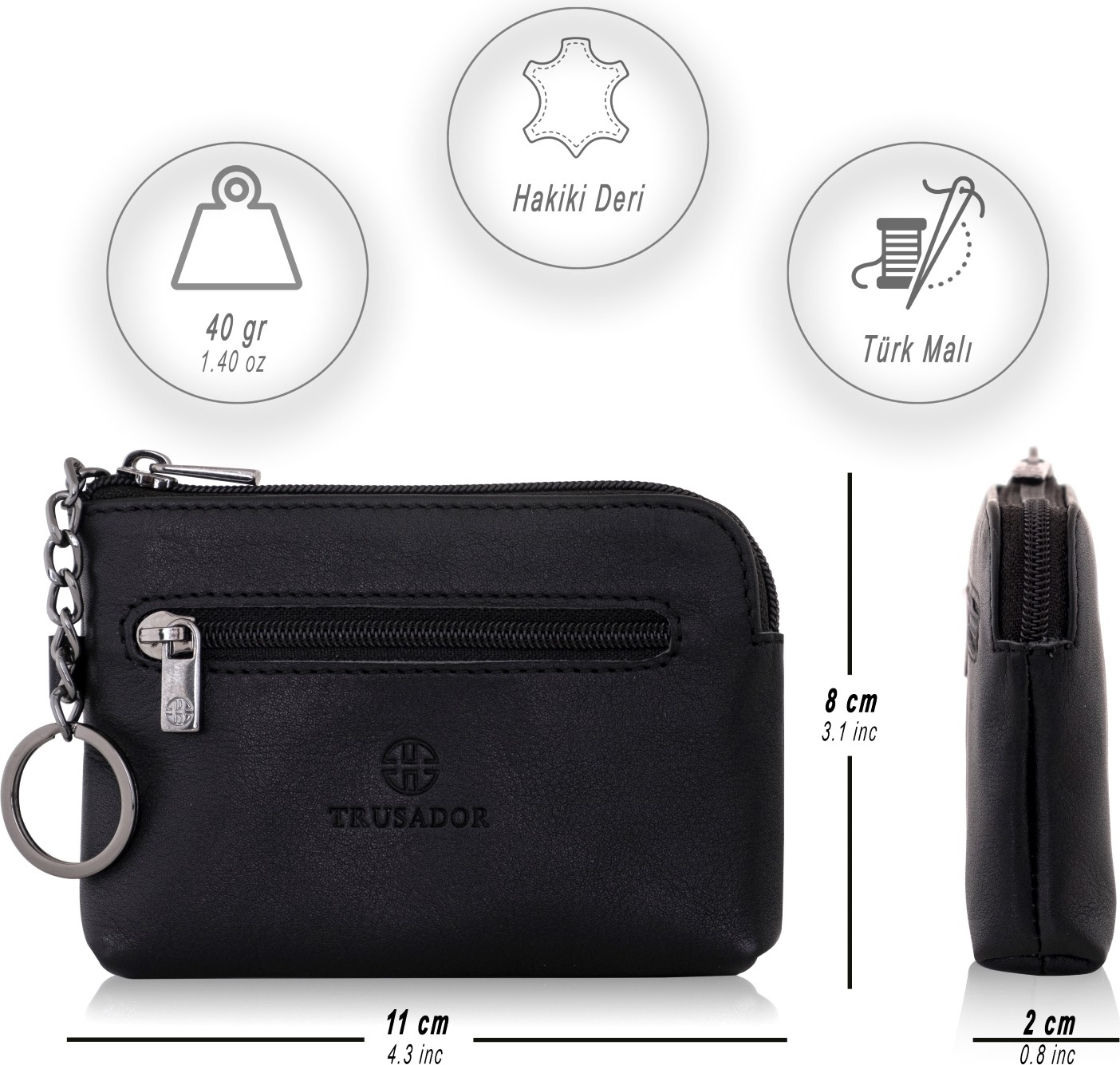 Trusador Milano Siyah Fermuarlı Mini Boy Kese Cüzdan Unisex Hakiki Deri Rfid Korumalı Erkek Kadın Anahtarlık Kartlık Bozuk Paralık Cüzdan Hediye görsel 4