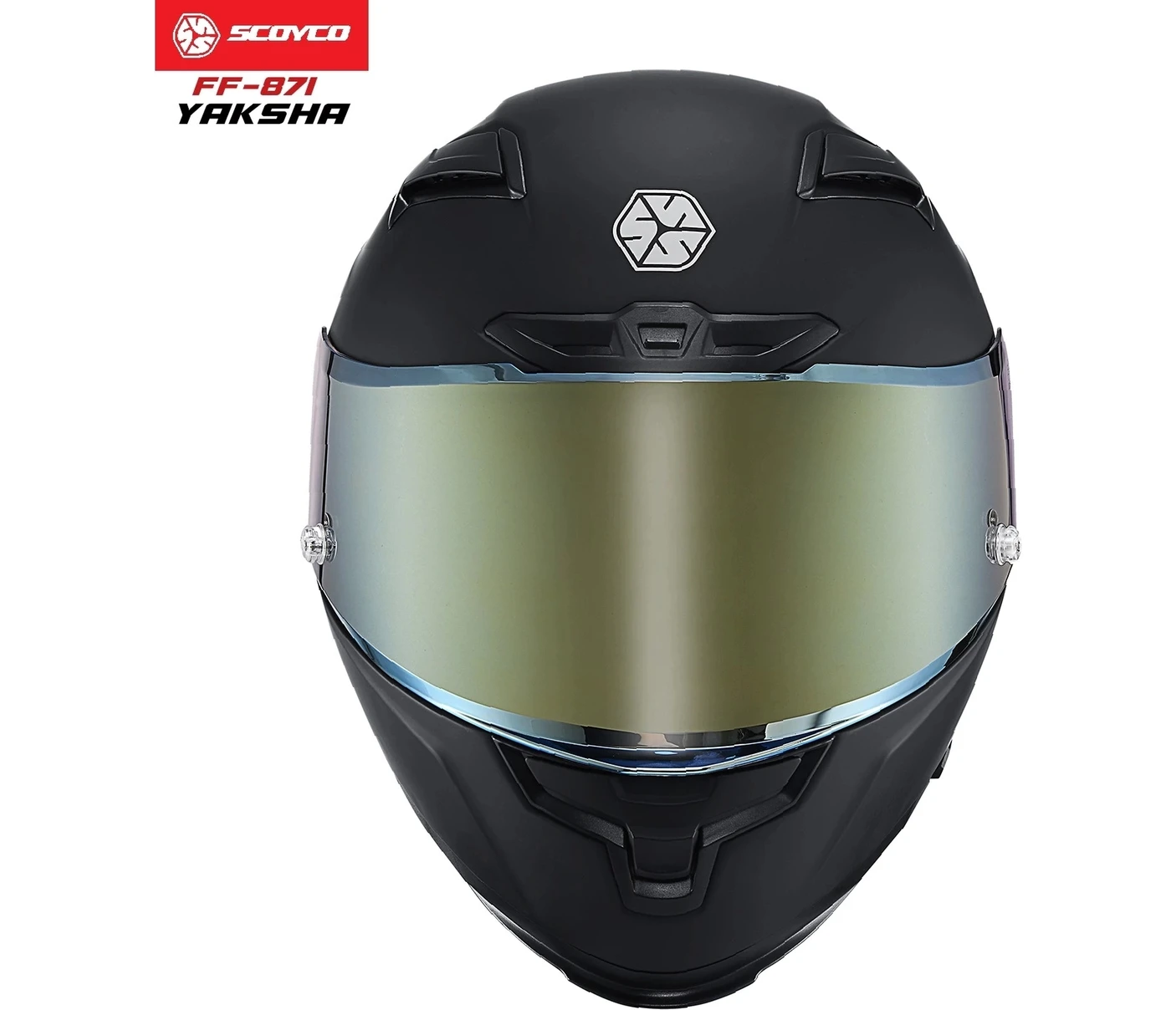Resim Scoyco FF-871 YAKSHA MAT SİYAH-GOLD GÜNEŞ VİZÖRLÜ KAPALI KASK (GOLD CAMLI) 