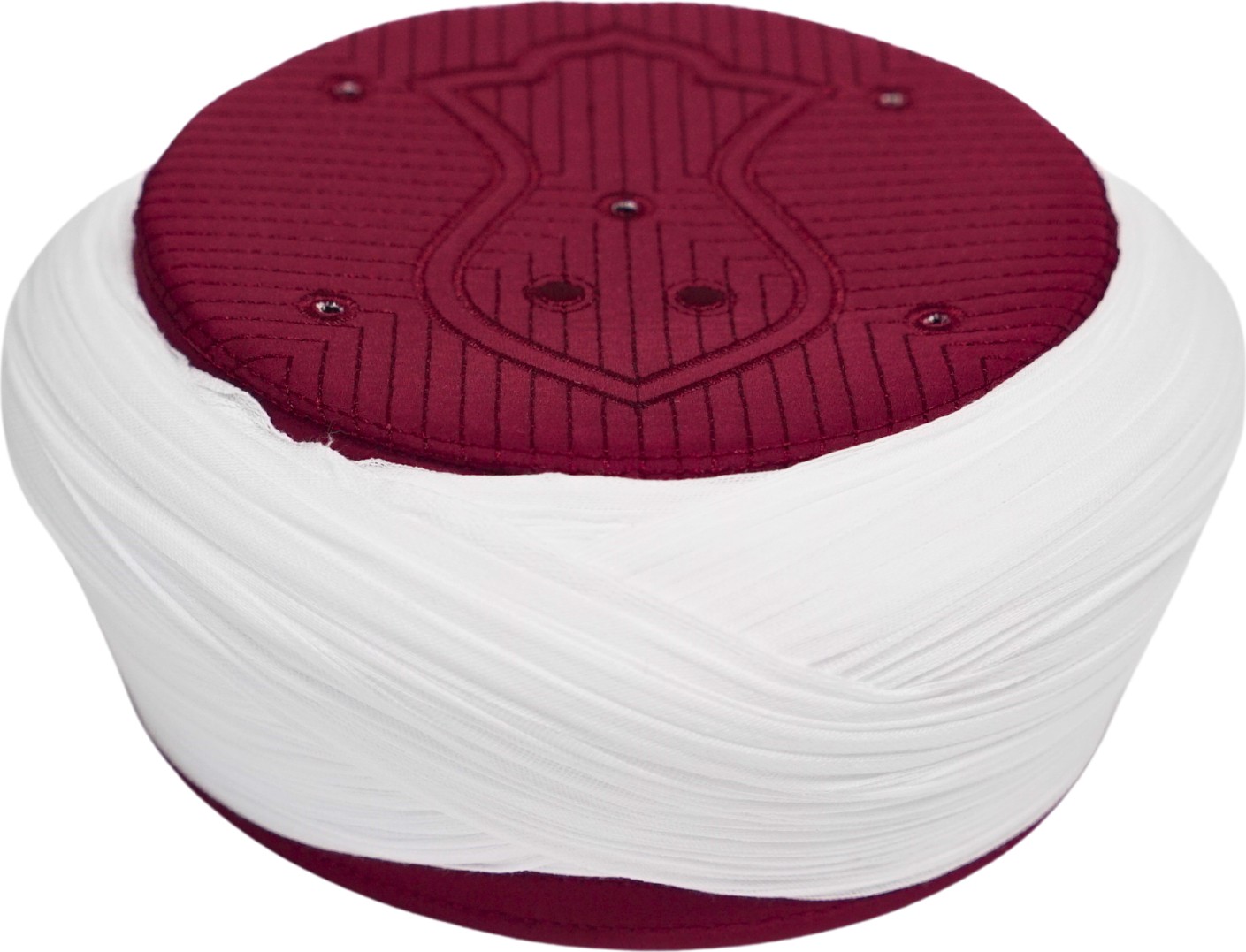 Sarıkhane Talebe Sarığı-Beyaz Kumaş-Bordo Takke-Çapraz Sarım-Nâli Şerif-7 Metre