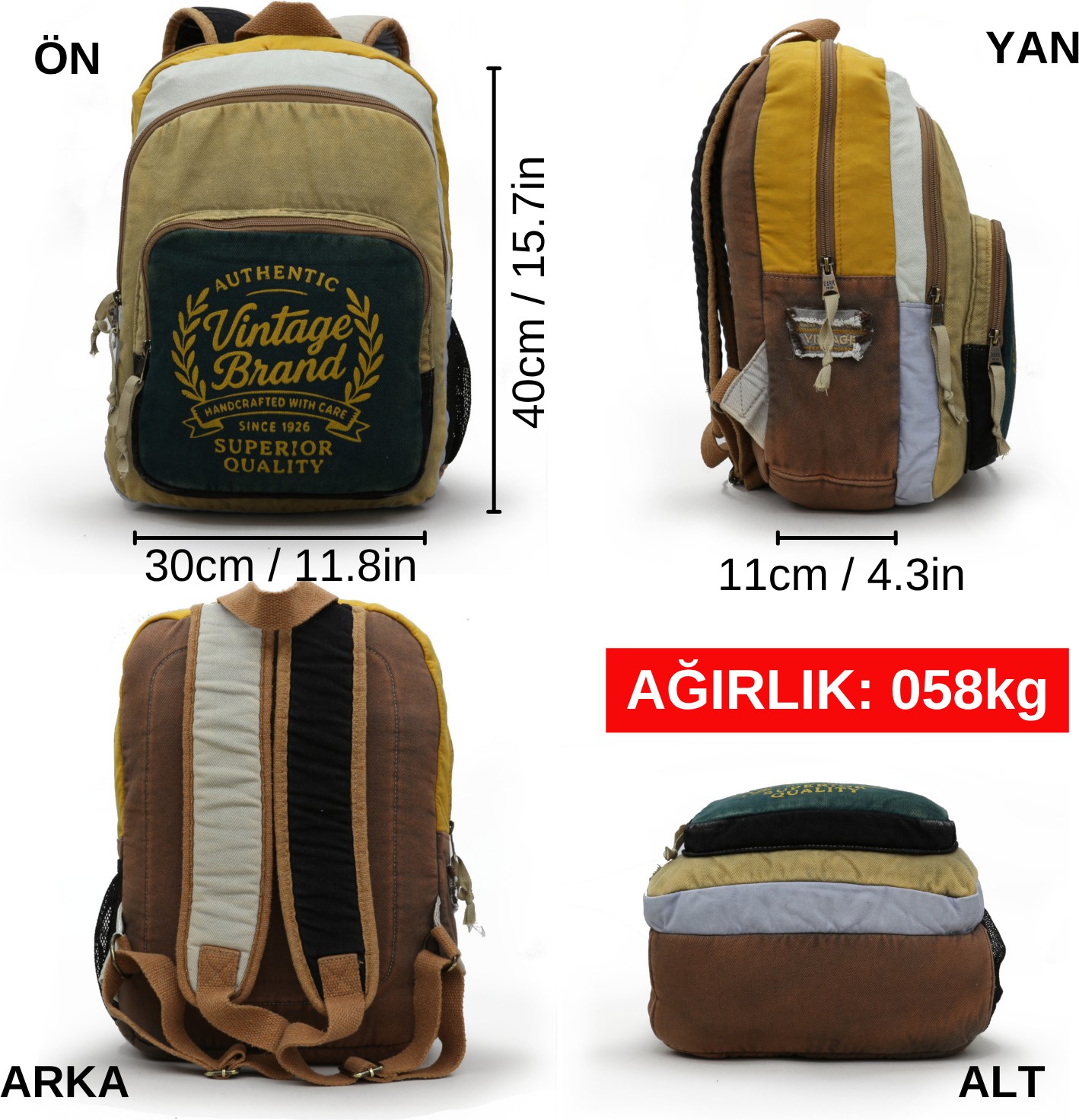 Cappadocia Vintage 4034 Patara Yeşil Krem Bej Sırt Okul Seyahat 15.6 Inç Inch Laptop Günlük Notebook Yumuşak Pamuk Kumaş Çanta görsel 2