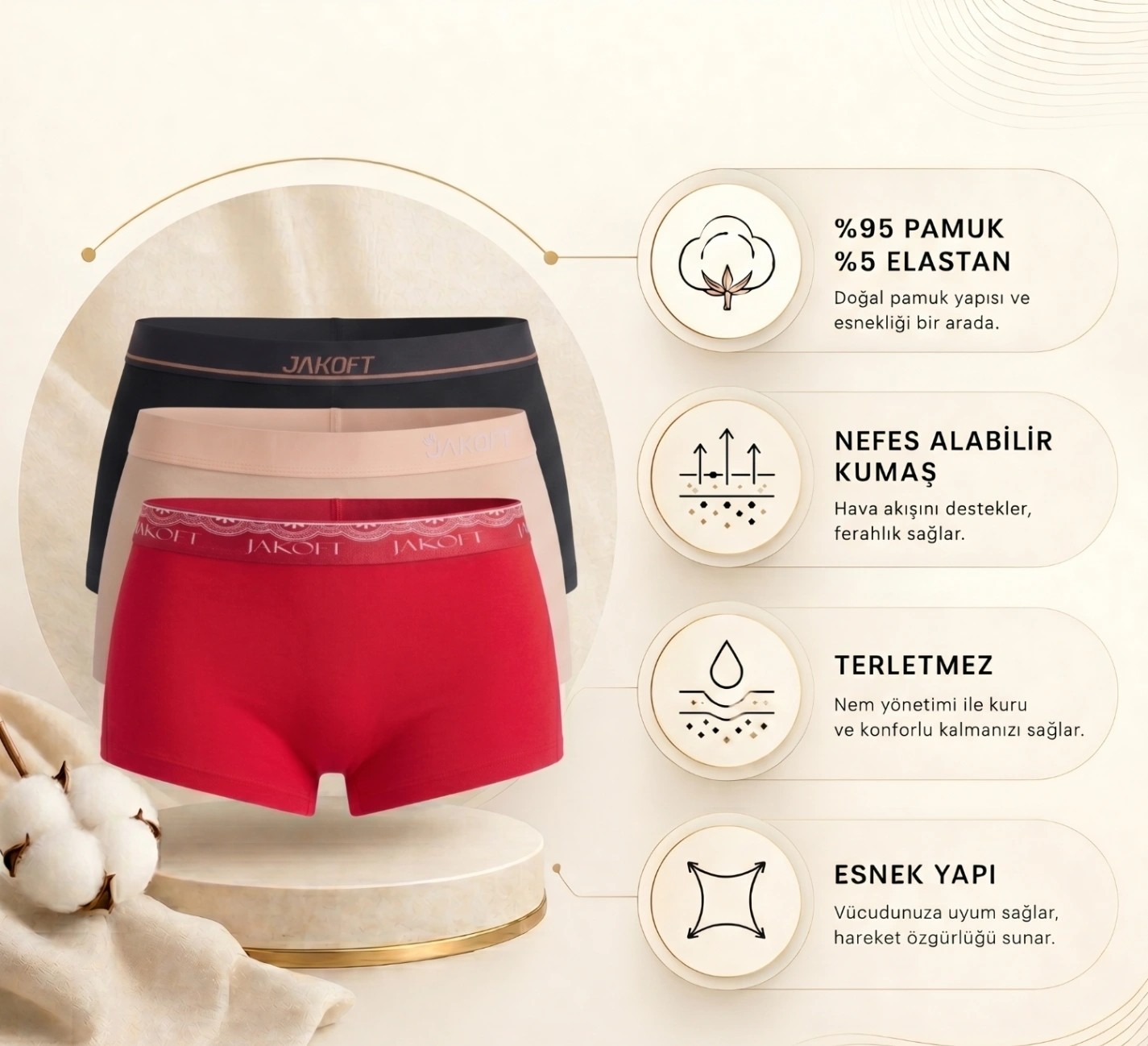Jakoft Classic Pamuklu Kadın Boxer 3'lü Paket Kırmızı - Ten - Siyah görsel 2