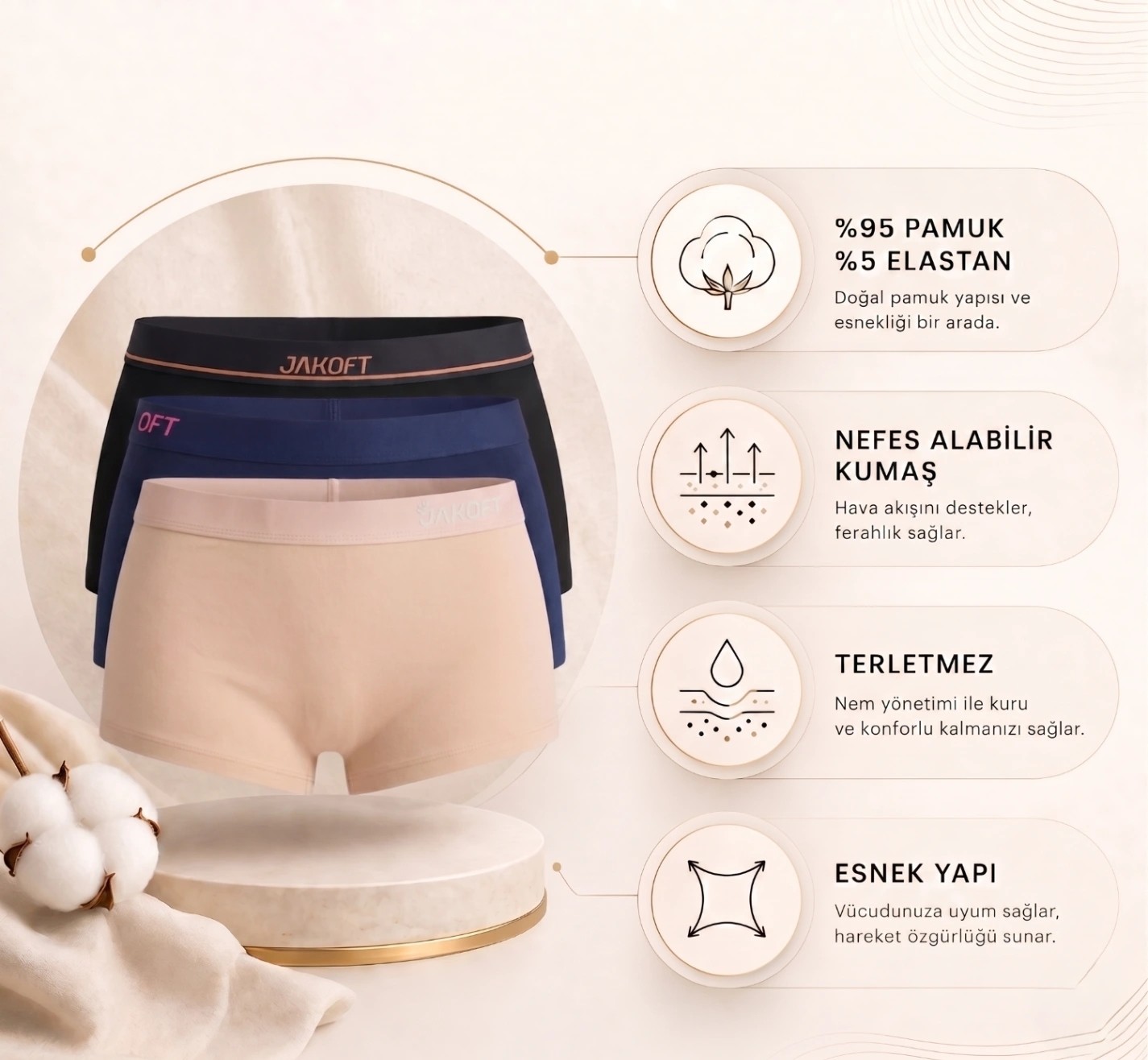 Jakoft Classic Pamuklu Kadın Boxer 3'lü Paket Ten - Lacivert - Siyah görsel 2