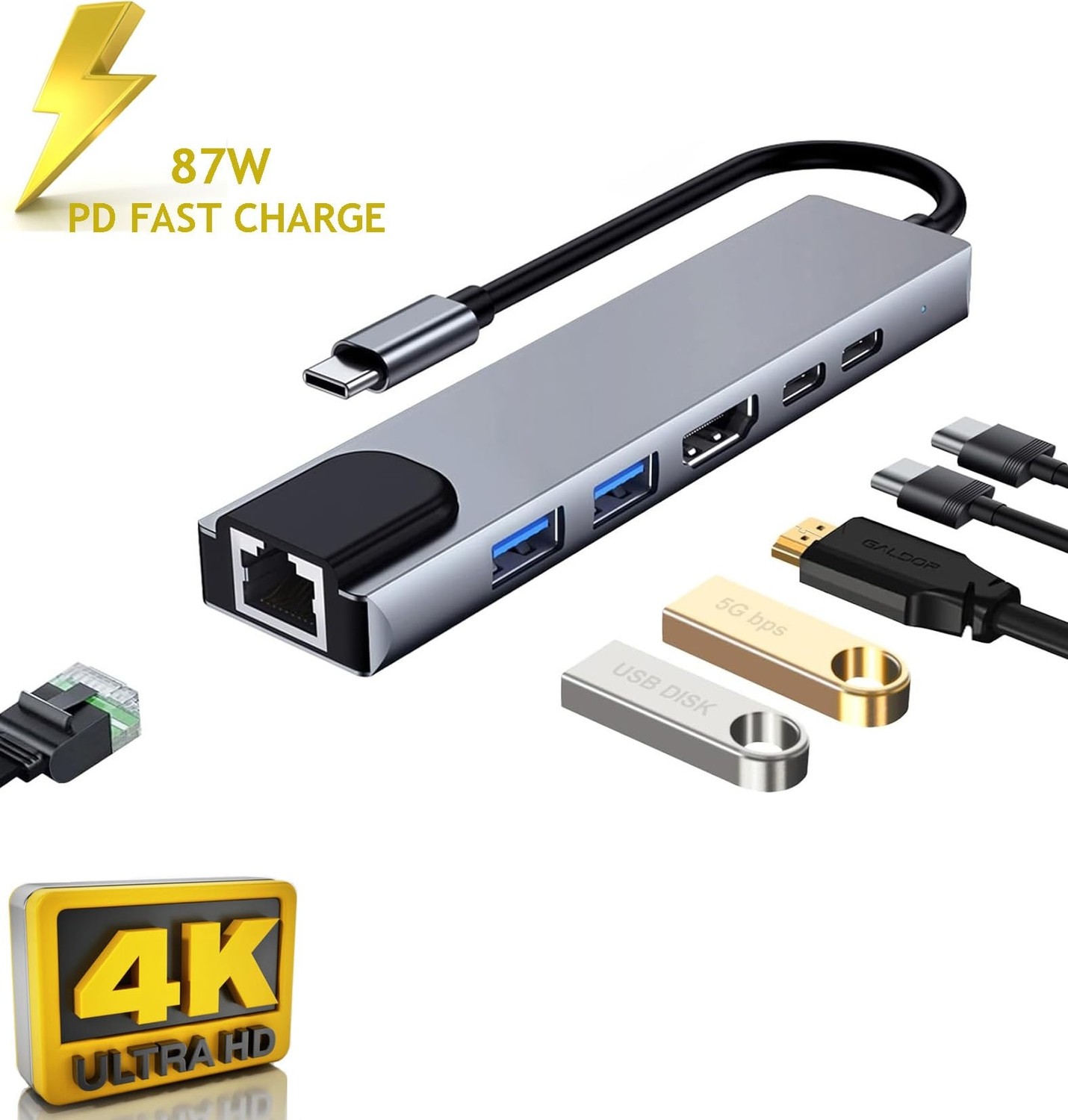 Aesco Daytona Cf-04 Macbook Uyumlu Type-C™ To 4K HDMI Tv Projeksiyon UHD 1080P 2* Type-C 3* USB Sd/tf RJ45 Ethernet Lan 8ın1 Çevirici Hub Adaptör görsel 3
