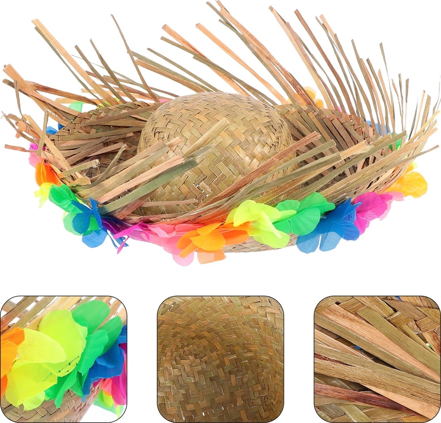 TeknoKapsül Naturel Renk Püsküllü Örme Hasır Hawaii Luau Aloha Şapka 13X36 cm görsel 3