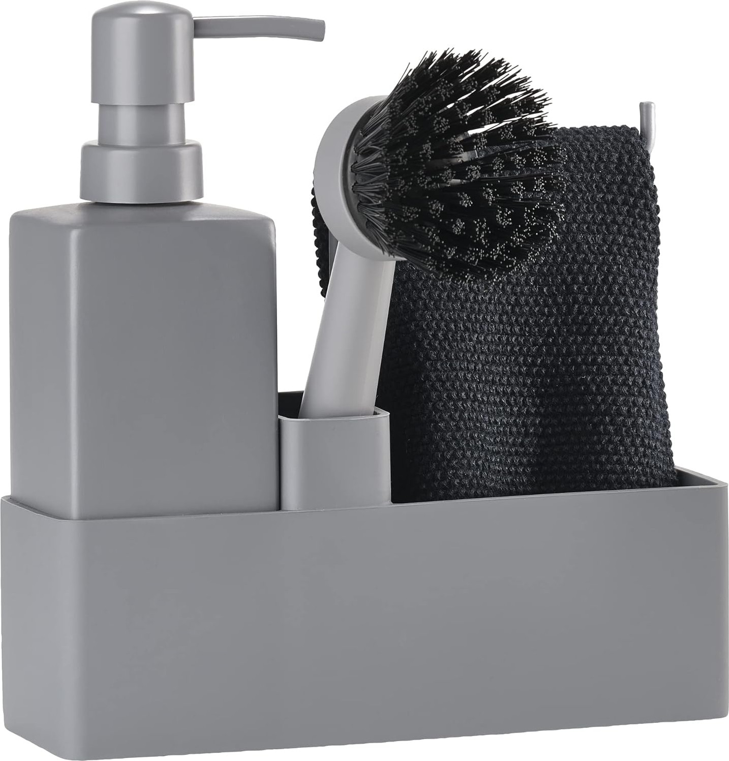 Prime Geschirrspülset, Spülorganizer Mit Seifenspender/spülmittelspender, Spültuch Und Spülbürste, 19 x 6 x 20,5 Cm, Set Mit 4 Teilen, Grau
