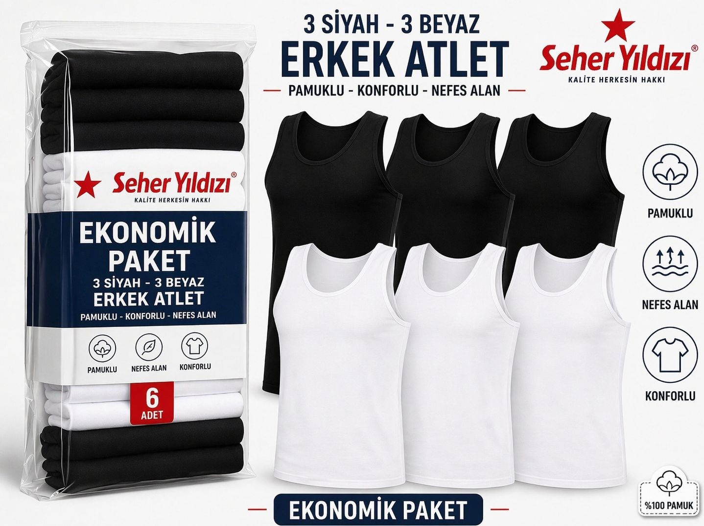 Seher Yıldızı Seher Yildizi Seher 6'lı Erkek Beyaz Atlet Pamuk Penye görsel 7