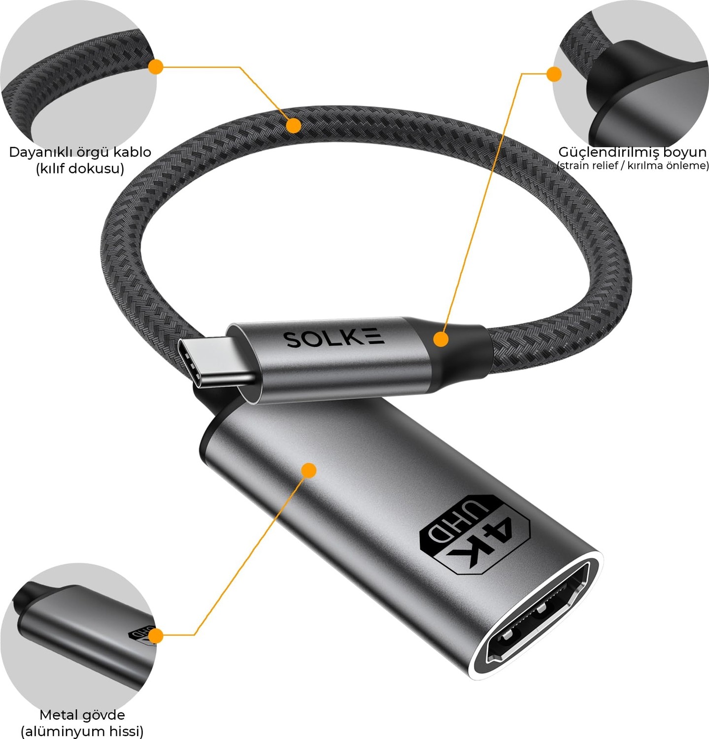 Die Grup Solke Usb-C To HDMI Adaptör 0.2 Metre 4K 60Hz Type-C To HDMI Çevirici Dönüştürücü Kablo Thunderbolt 3/4 Macbook Uyumlu görsel 3