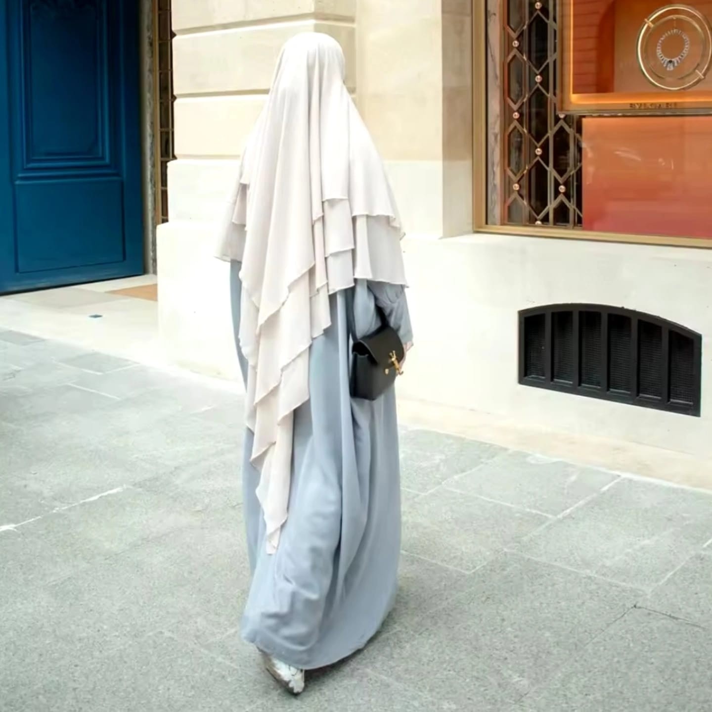 Hazır Bağlama Üç Katlı Şifon Hac Umre Şalı Sufle Khimar Hijab Krem Rengi