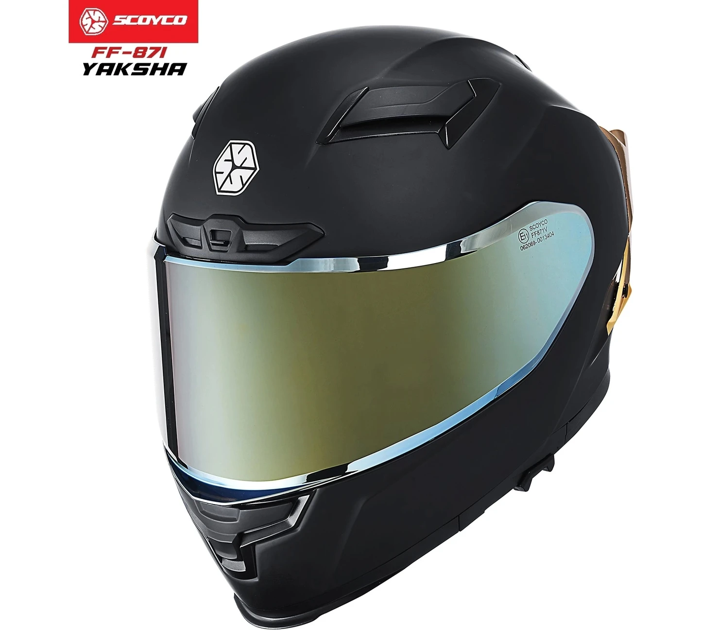Resim Scoyco FF-871 YAKSHA MAT SİYAH-GOLD GÜNEŞ VİZÖRLÜ KAPALI KASK (GOLD CAMLI) 