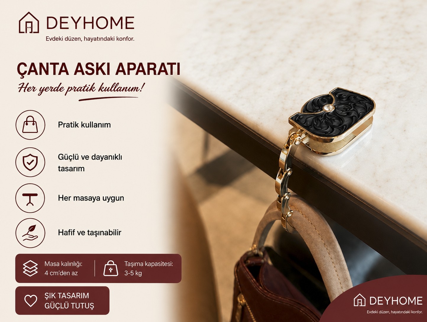 deyhome Katlanabilir Çanta Askı Aparatı Masa Kenarı Çanta Tutucu Taşınabilir Çanta Kancası Çanta Model