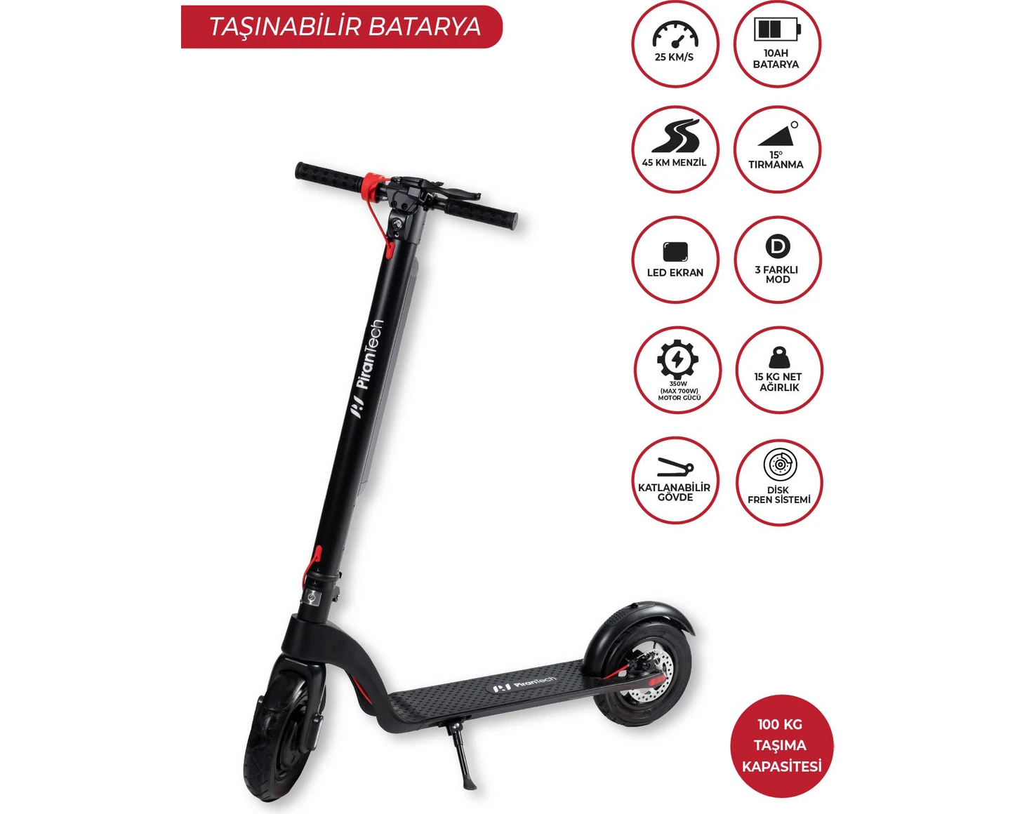 Resim Pirantech X8 Elektrikli Scooter - Max 700 W - Çıkartılabilir Batarya Özellikli Scooter 