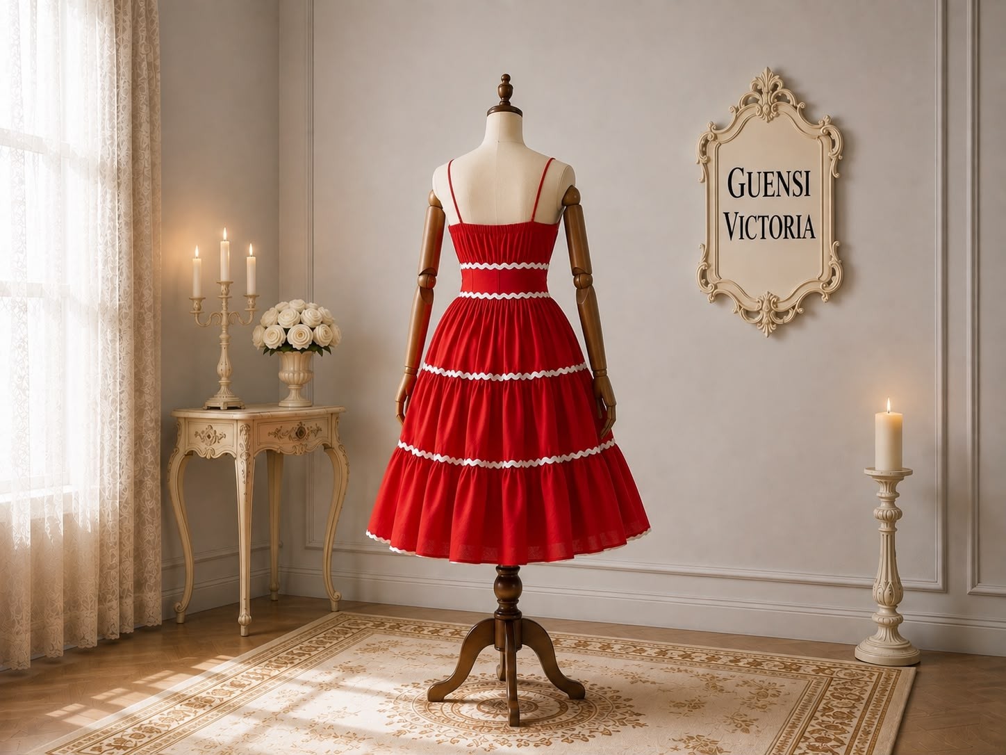 Guensi Victoria Guensı Vıctorıa, Kırmızı Askılı Volanlı Yazlık Midi Elbise görsel 3