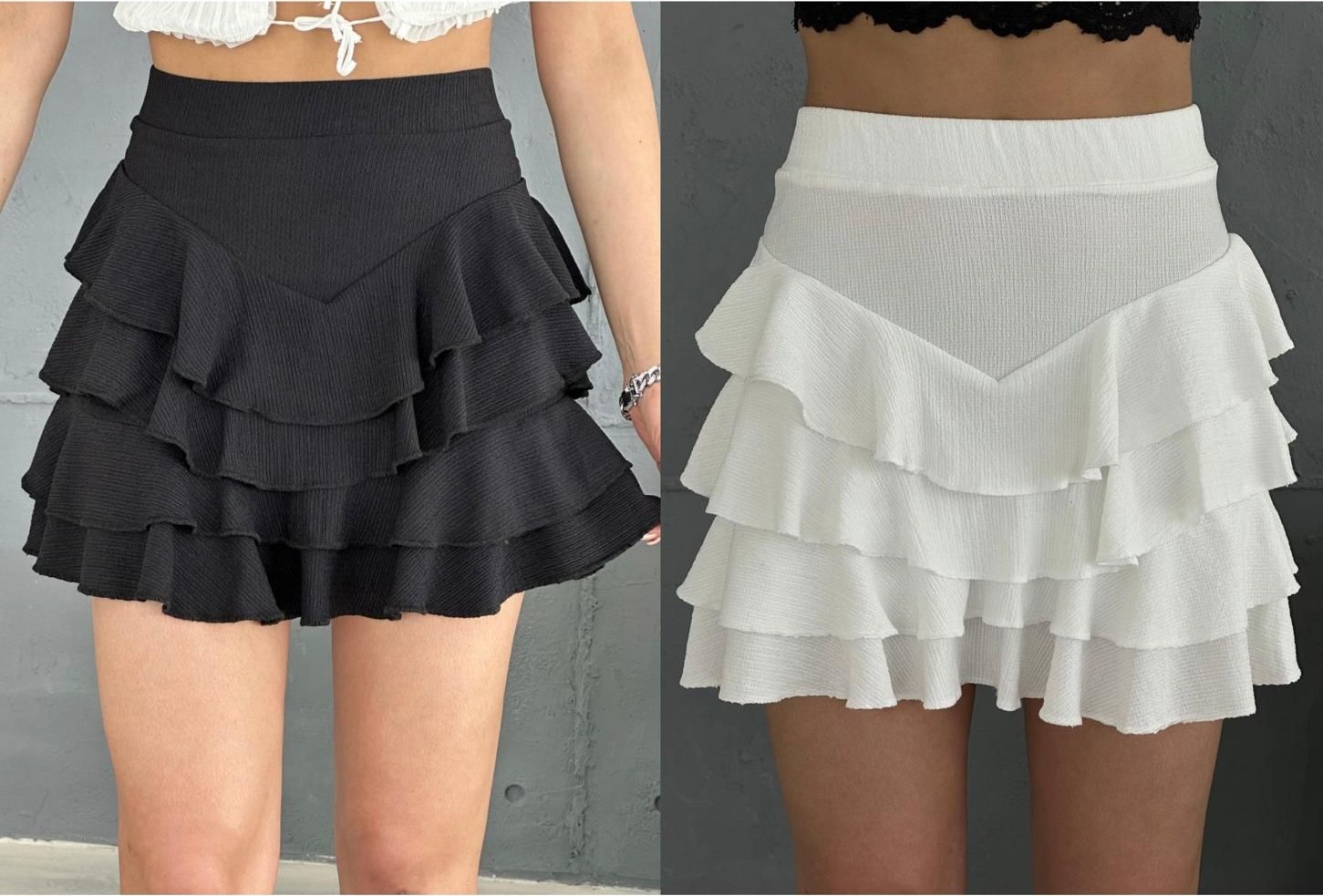 Moda Armanc 2'li Mykonos Etek Siyah ve Beyaz Renkli Kadın Kumaş Etek Yüksek Bel ve Katmanlı Tasarım