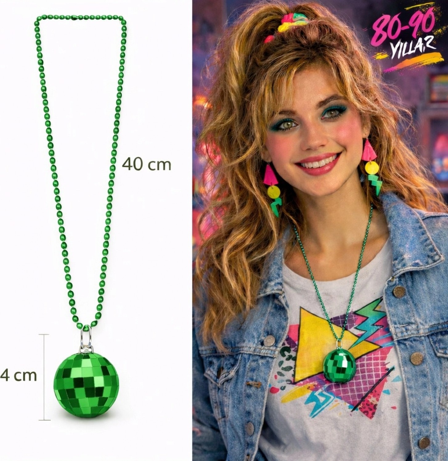 Hace Bazaar Retro Disko Topu Şekilli 80'ler 90'lar Yeşil Renk Plastik Kolye (4887)