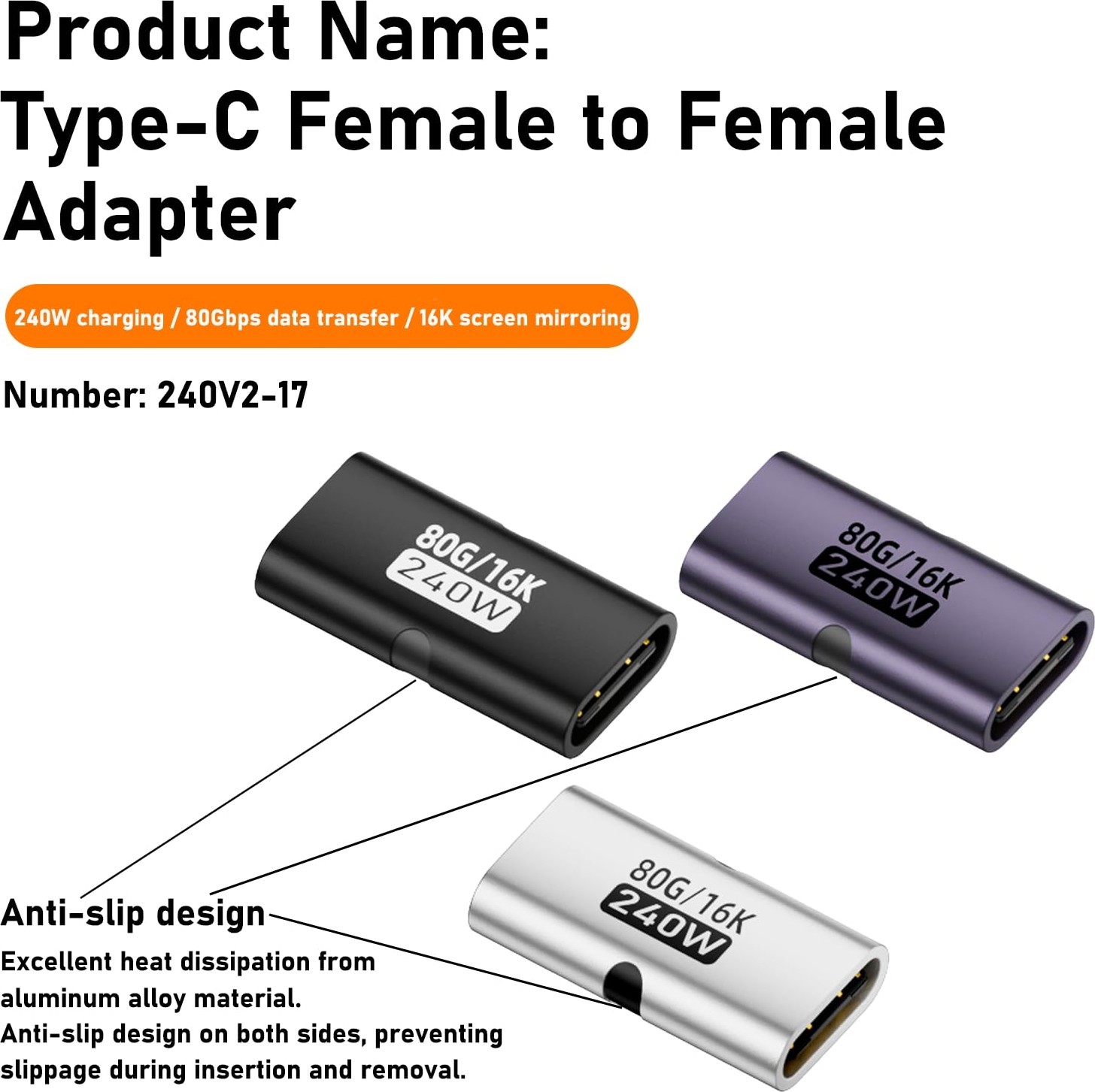 Aesco Livx 80GBPS Usb-C Dişi - Dişi Adaptör, 240W Pd3.1 Hızlı Şarj, 16K@60Hz Görüntü Aktarımı, Alüminyum Alaşımlı Tip-C Dişi Konnektör Uzatıcı - Siyah Otgff görsel 3