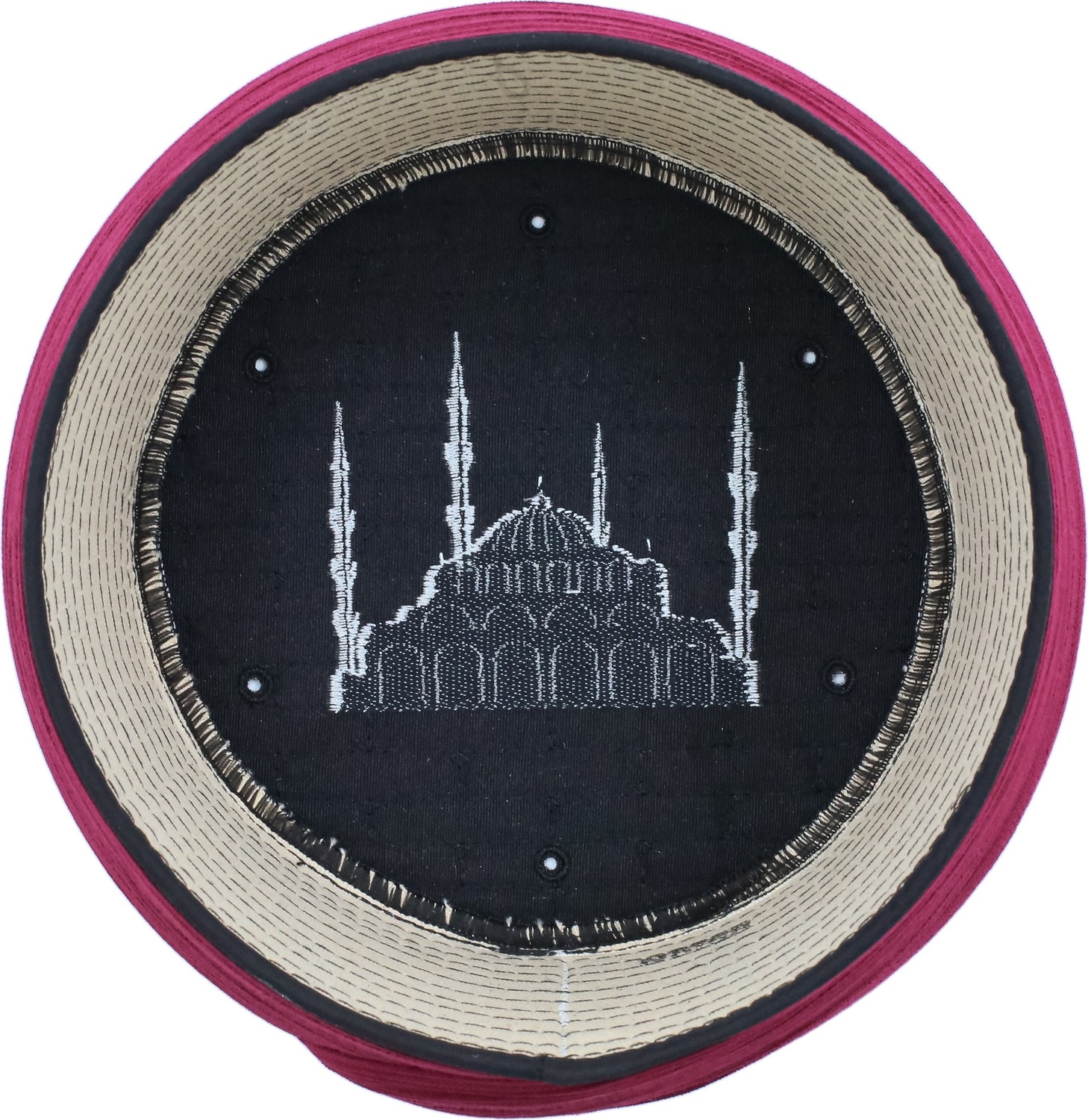 Sarıkhane Cami Sarığı, Bordo Kumaş, Siyah Takke, Düz Sarım, Cami Nakışlı, 5 Metre görsel 4