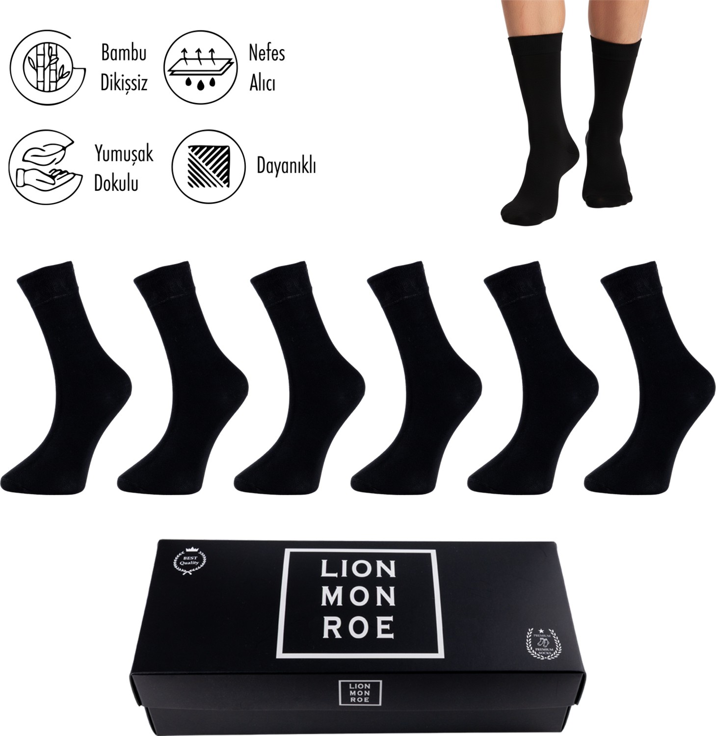 Lion Monroe Saf Bambu Erkek Soket Uzun Düz Siyah Çorap Dikişsiz Premium Kutulu 6'lı L5952AZNB SoftAura