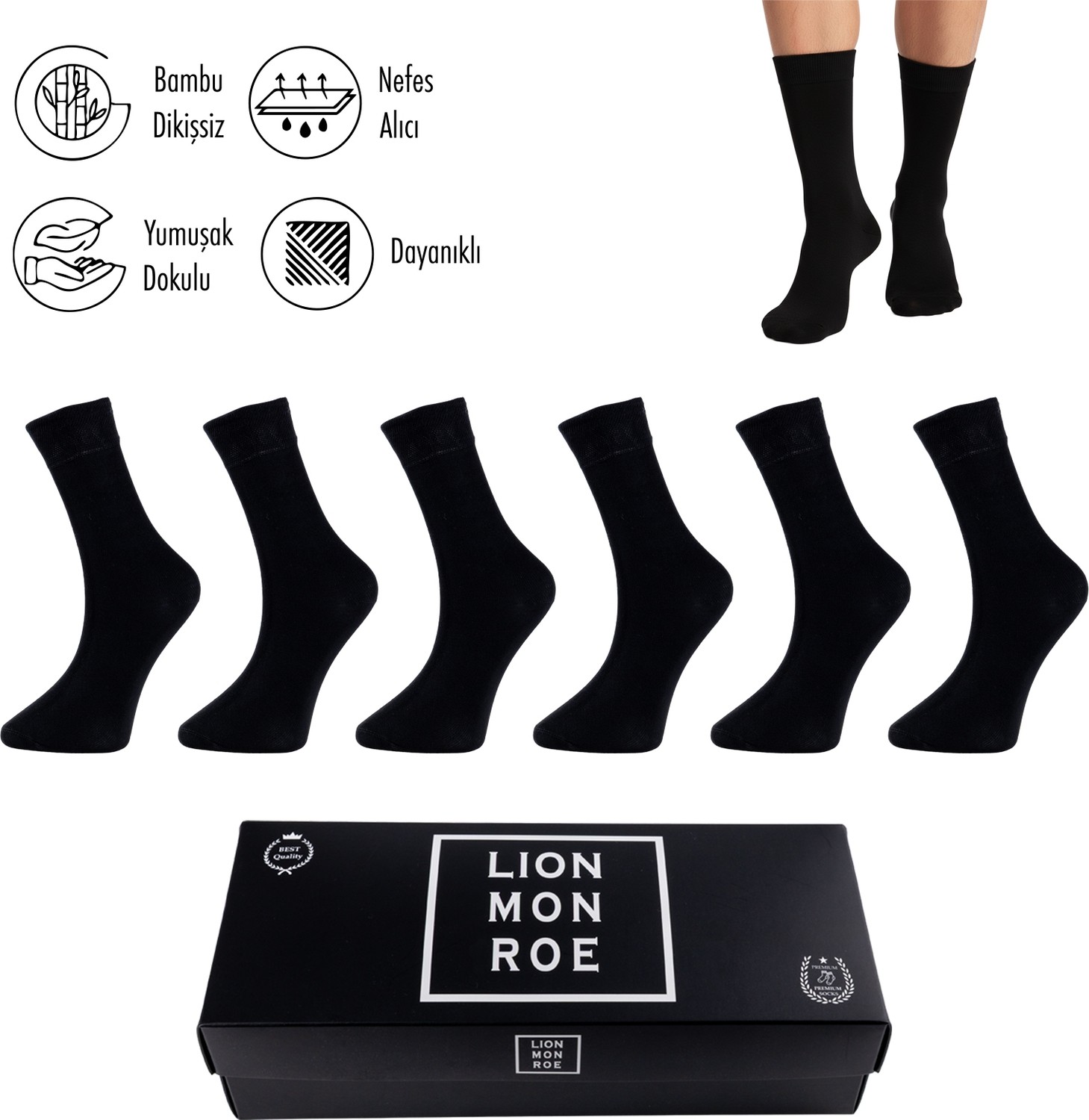 Lion Monroe Saf Bambu Yazlık Erkek Soket Uzun Düz Çorap Dikişsiz Premium Kutulu 6'lı Hediyeli