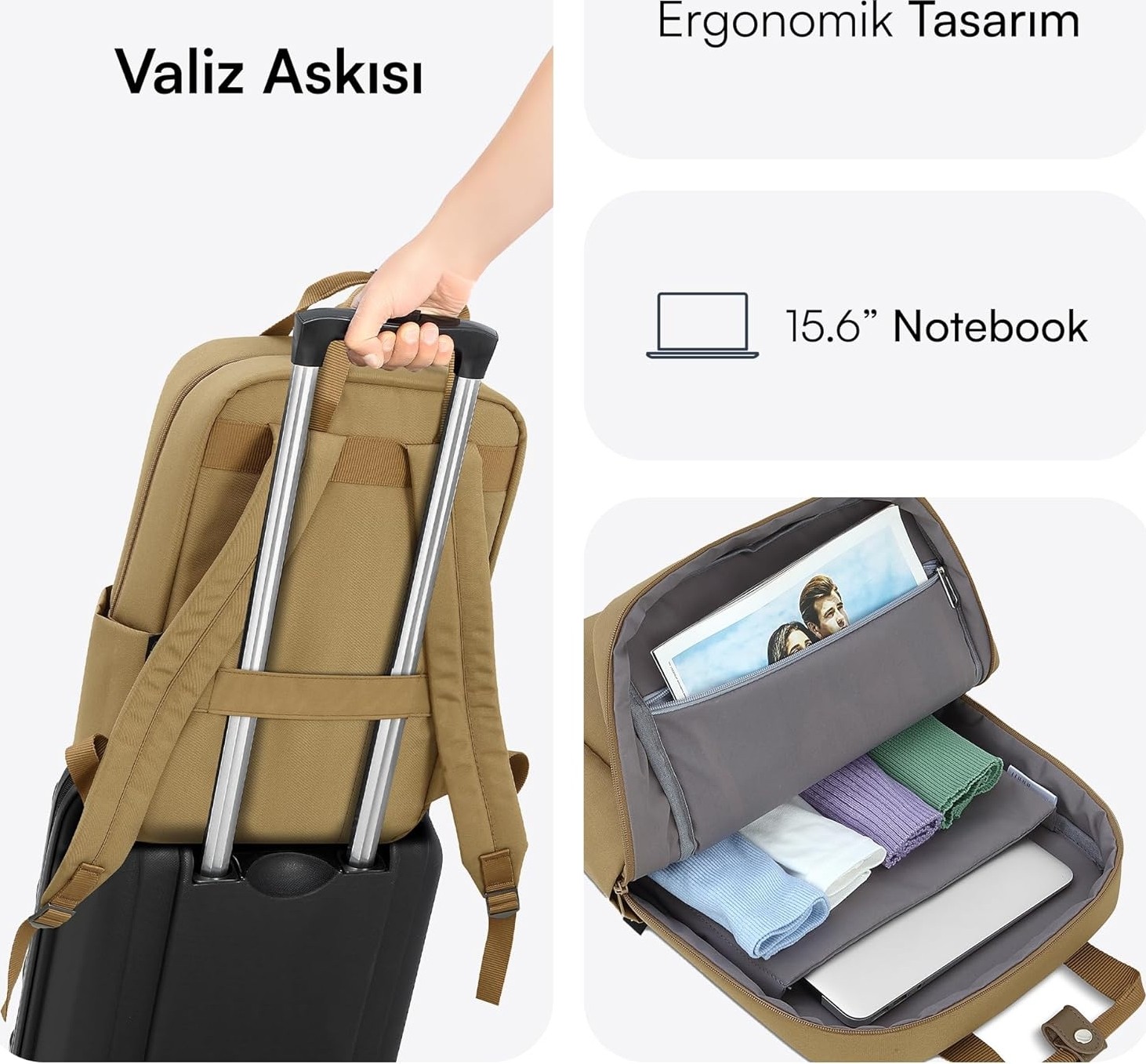 Happy Trend Mack MCE-1523 Nova Eco Çevre Dostu Laptop Sırt Çantası 15.6 Inç, Ykk Fermuarlı Bilgisayar Sırt Çantası, Kadın ve Erkek Günlük Çanta, Okul ve Iş Çantası, Camel görsel 4