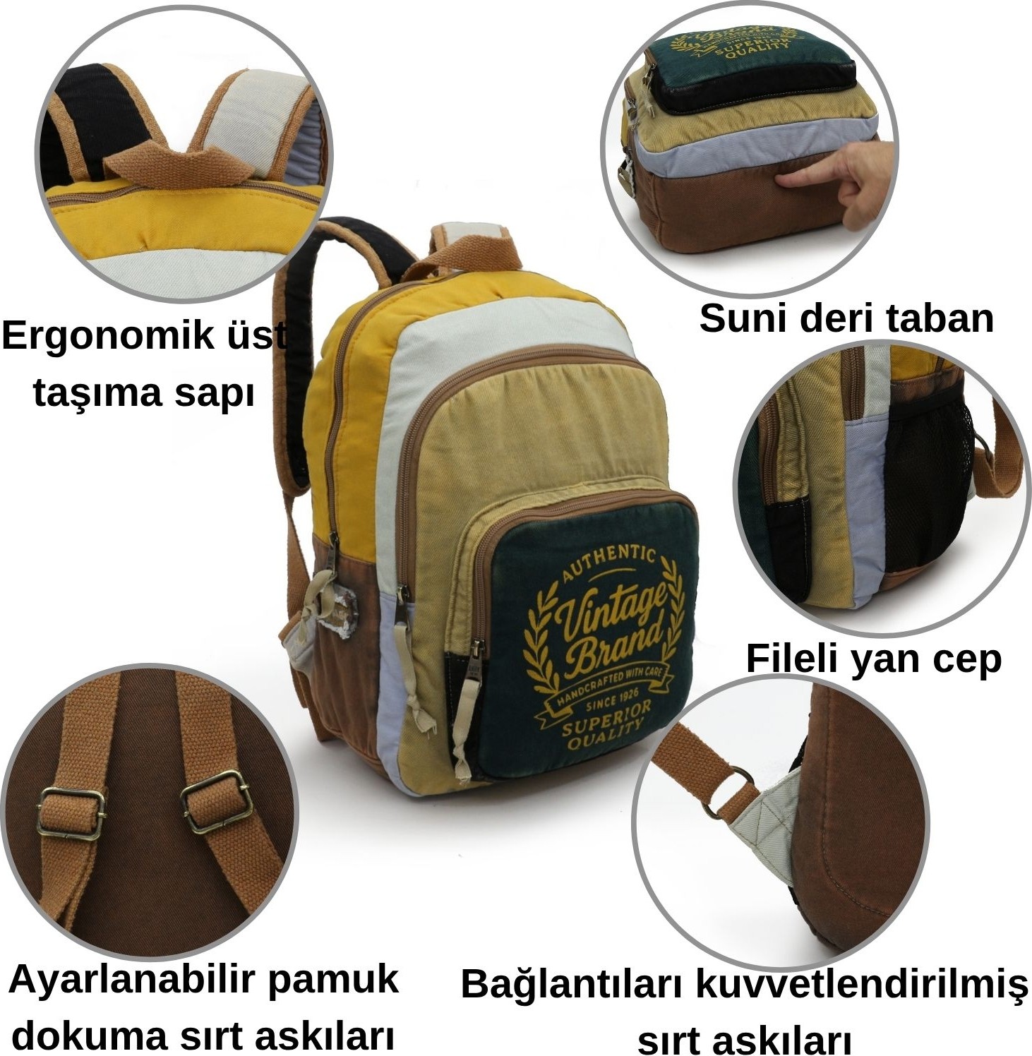 Cappadocia Vintage 4034 Patara Yeşil Krem Bej Sırt Okul Seyahat 15.6 Inç Inch Laptop Günlük Notebook Yumuşak Pamuk Kumaş Çanta görsel 5