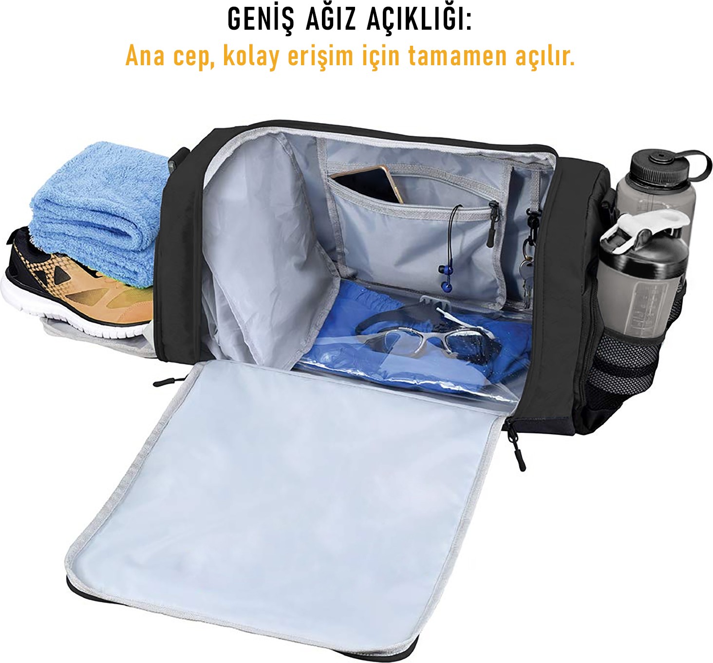 Haegs Spor Çantası, 10 Cepli, Ayakkabı Bölmeli, Dayanıklı Bay Bayan Seyahat Çantası Siyah görsel 2