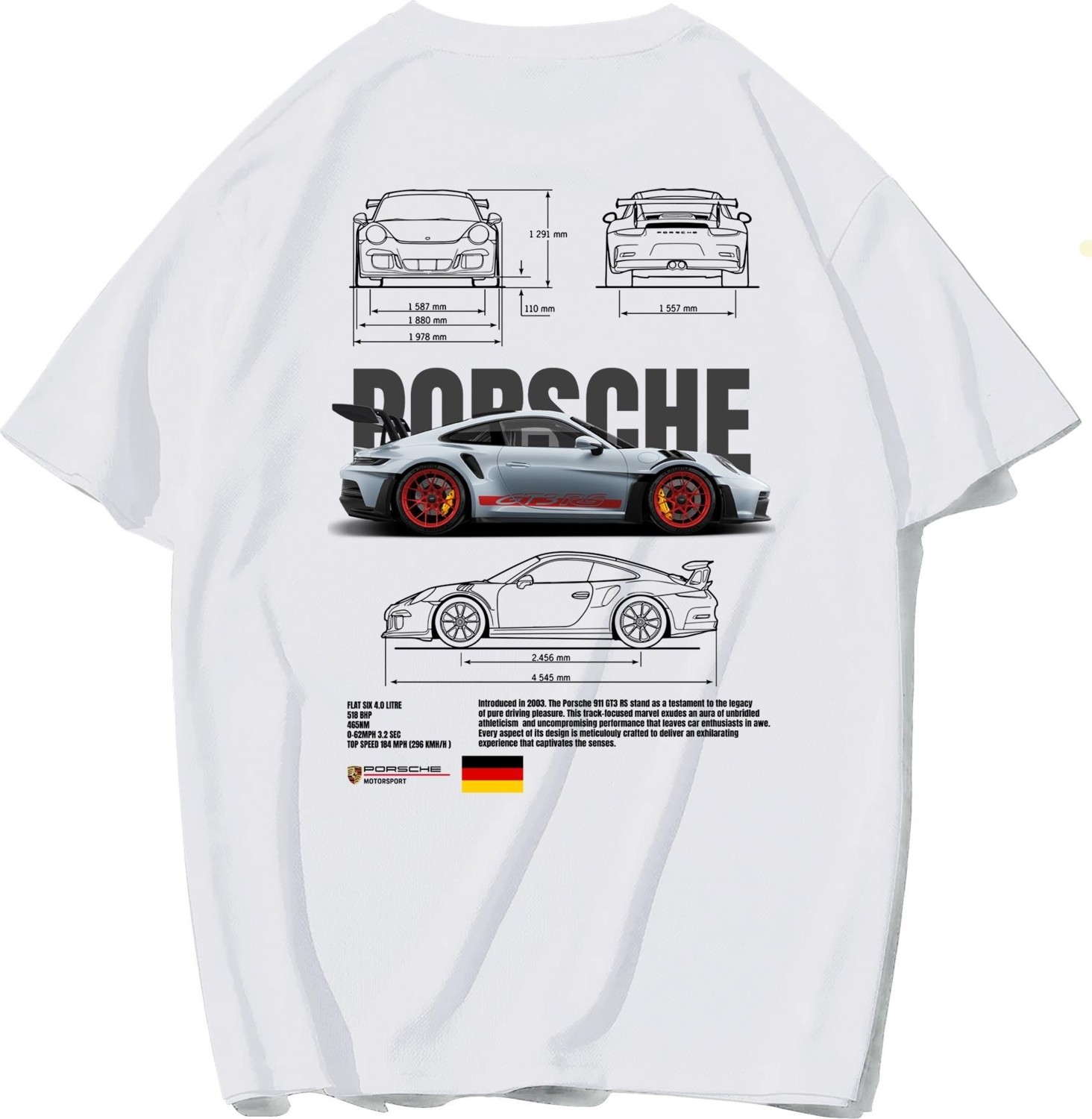 BRZ Collection Unisex Oversize 911 Gt3 Rs T-Shirt Beyaz