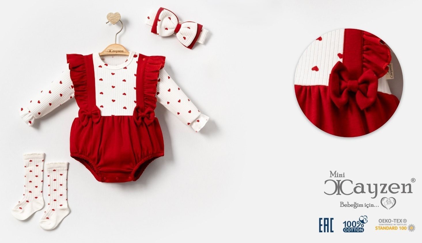 Çayzen Kız Bebek Kalpli Romper ( Bandana Çorap ) Aksesuarlı 2068 görsel 2