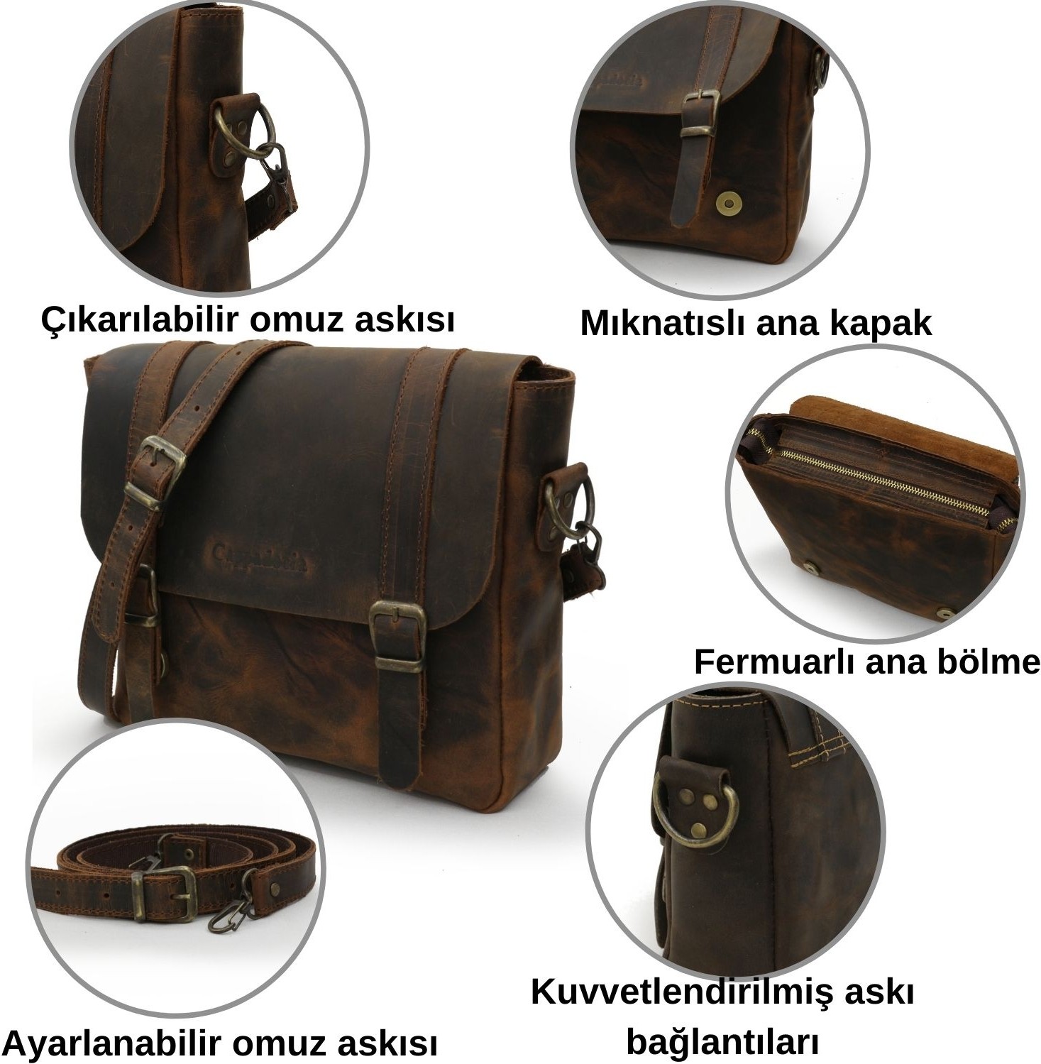 Cappadocia Vintage 6019 Gordion Kahverengi Hakiki Gerçek Deri El Yapımı Orta Boy Omuz Çapraz Askılı Omuz Çantası görsel 2