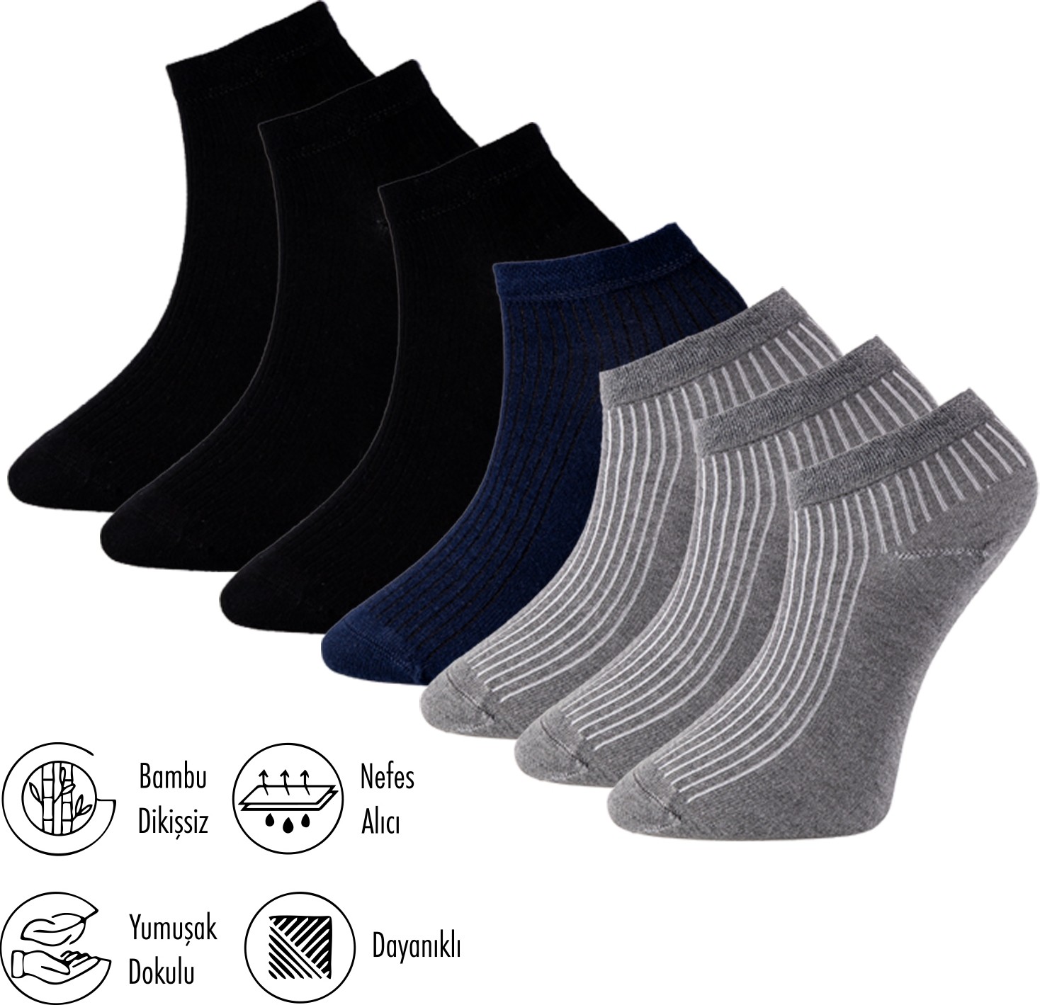 Lion Monroe Saf Bambu 4 Mevsim Erkek Patik Düz Kısa Siyah - Lacivert - Gri Çorap Dikişsiz Premium Hediye Kutulu 7'li Comfort Series L5952AZNP