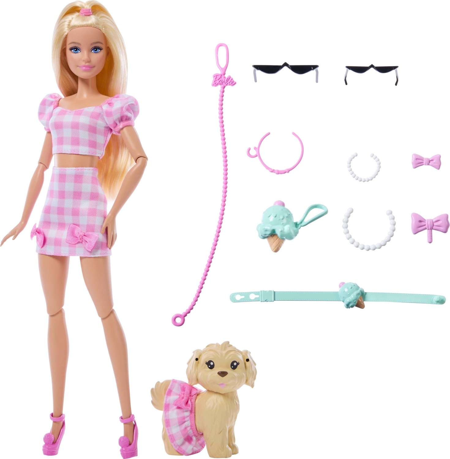 Die Grup Barbie Uyumlu Dostlar Sarı Saçlı Bebek ve Köpekçiği, Pötikare Desenli, Pembe Renkli Kıyafetler Giyen ve Güneş Gözlüğü, Kolye ve Fiyonk Gibi Aksesuarlar Takan, JFP36