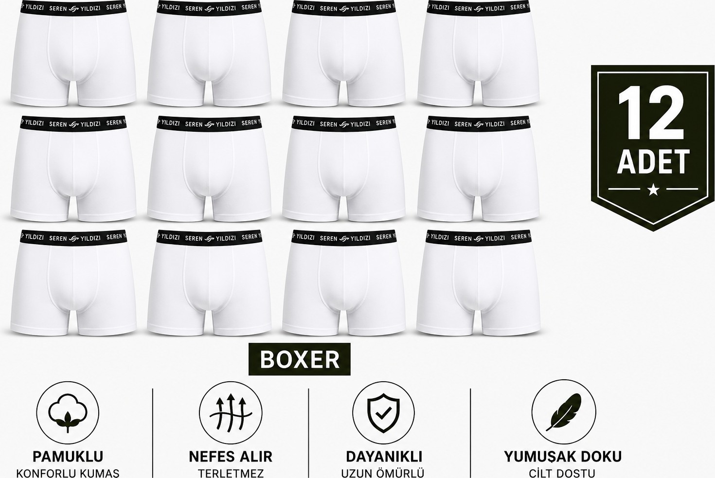 Abani Classic 12’lı Paket Erkek Boxer Külot Asker Iç Çamaşırı - Terletmeyen Nefes Alan Kumaş Haki görsel 6