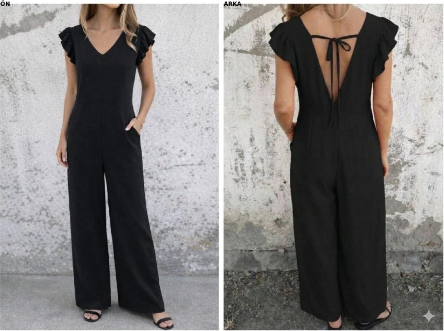 Pileli Store Kadın Kısa Kollu V Yakalı Arkası Derin Bağcıklı Uzun Aerobin Tulum görsel 3