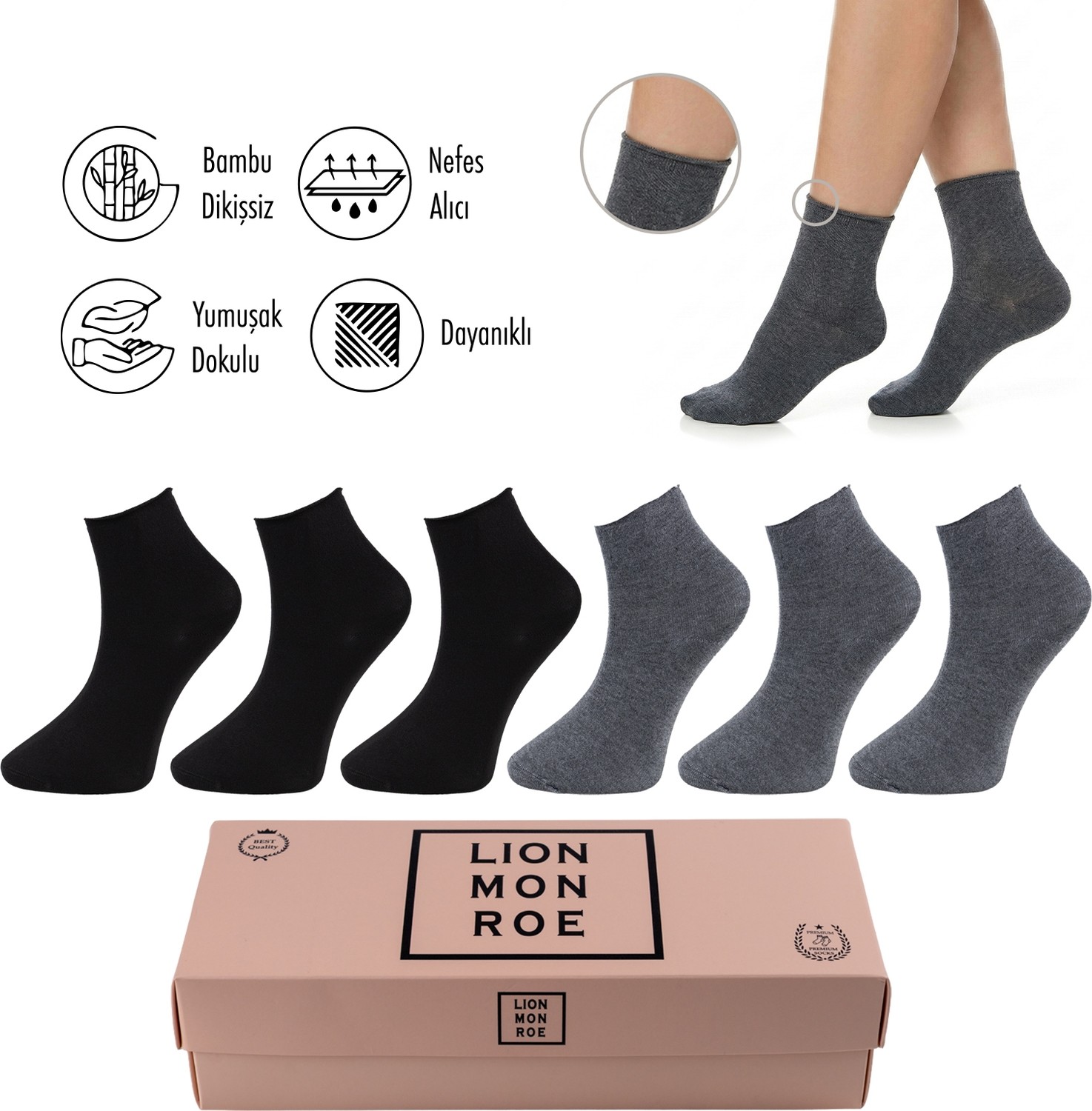 Lion Monroe Saf Bambu Kadın Lastiksiz Siyah Soket Dikişsiz Premium Çorap Kutulu 6'lı / Iz Bırakmaz / Sıkmayan Çorap L5952AZNB Softaura