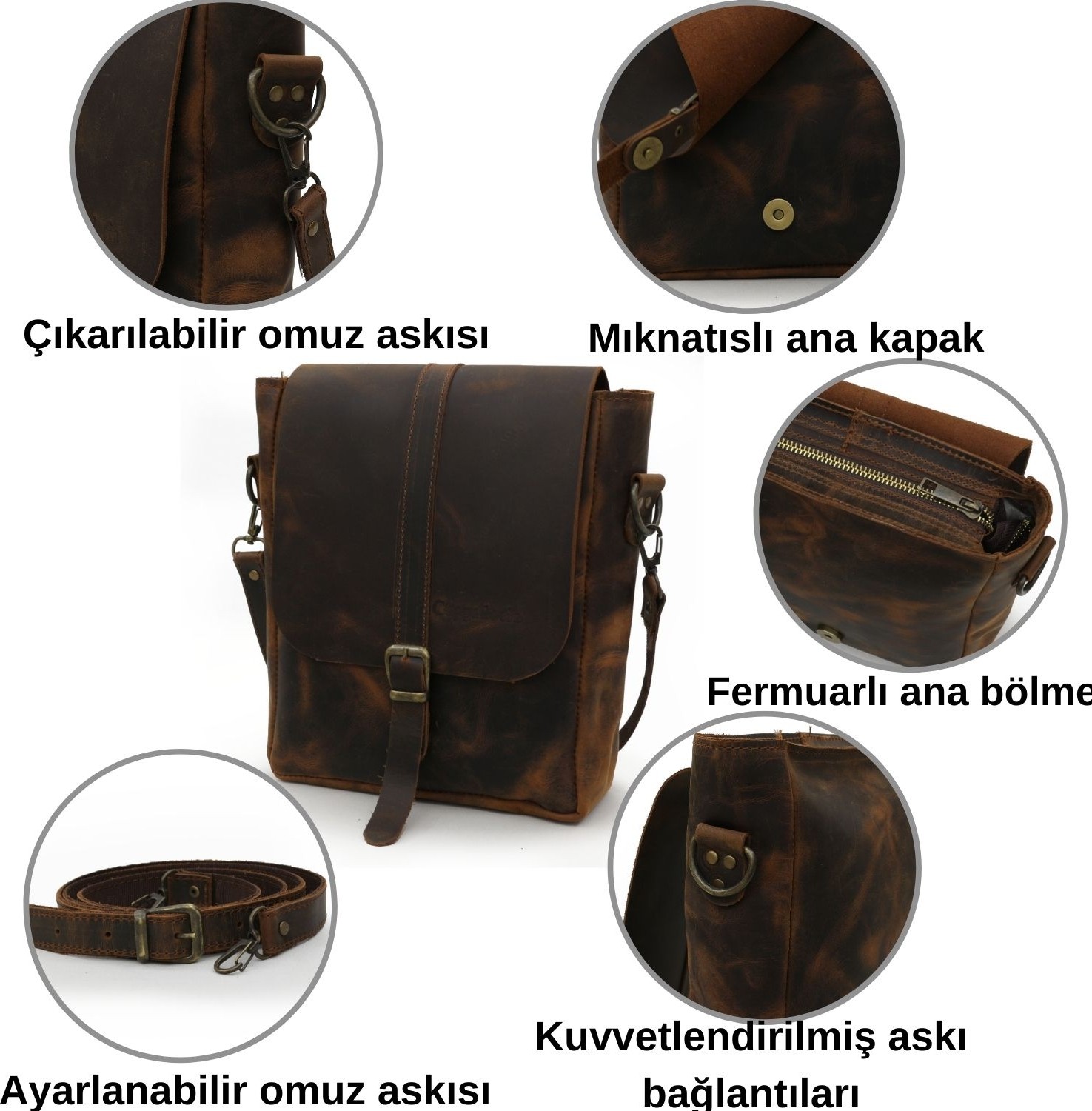 Cappadocia Vintage 6051 Kahverengi Deri El Yapımı Omuz Çantası Minimal Tasarım ve Organik Malzeme görsel 4
