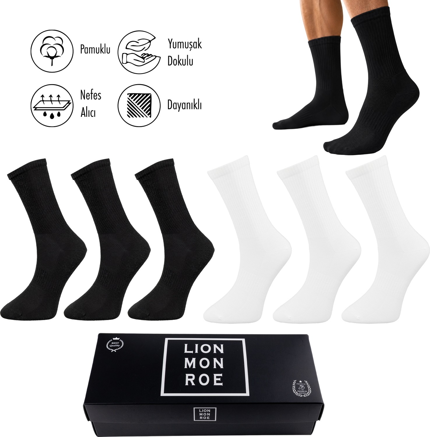 Lion Monroe Saf Pamuklu Yazlık 6'lı Erkek Tenis Uzun Düz Soket Çorap Dikişsiz Basic Penye Premium Hediyeli