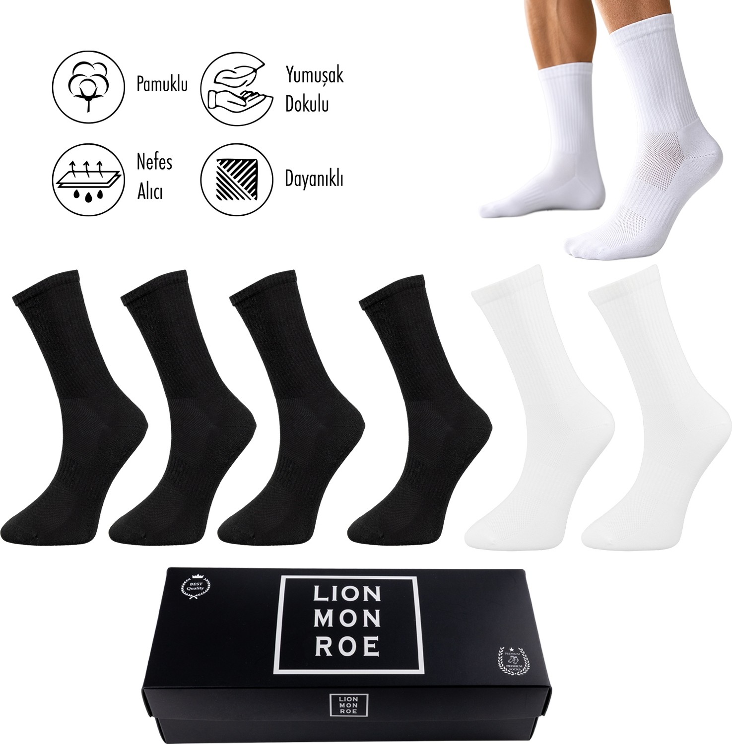 Lion Monroe Saf Pamuklu Yazlık 6'lı Erkek Tenis Uzun Düz Soket Çorap Dikişsiz Basic Penye Premium Hediyeli görsel 5