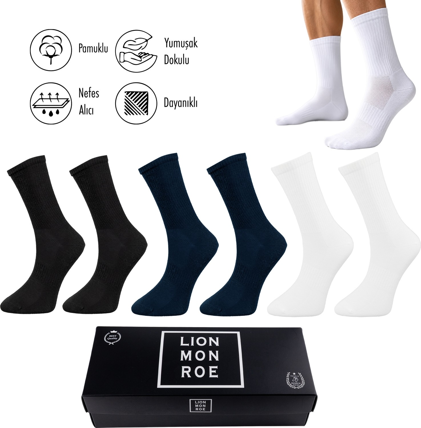 Lion Monroe Saf Pamuklu Yazlık 6'lı Erkek Tenis Uzun Düz Soket Çorap Dikişsiz Basic Penye Premium Hediyeli